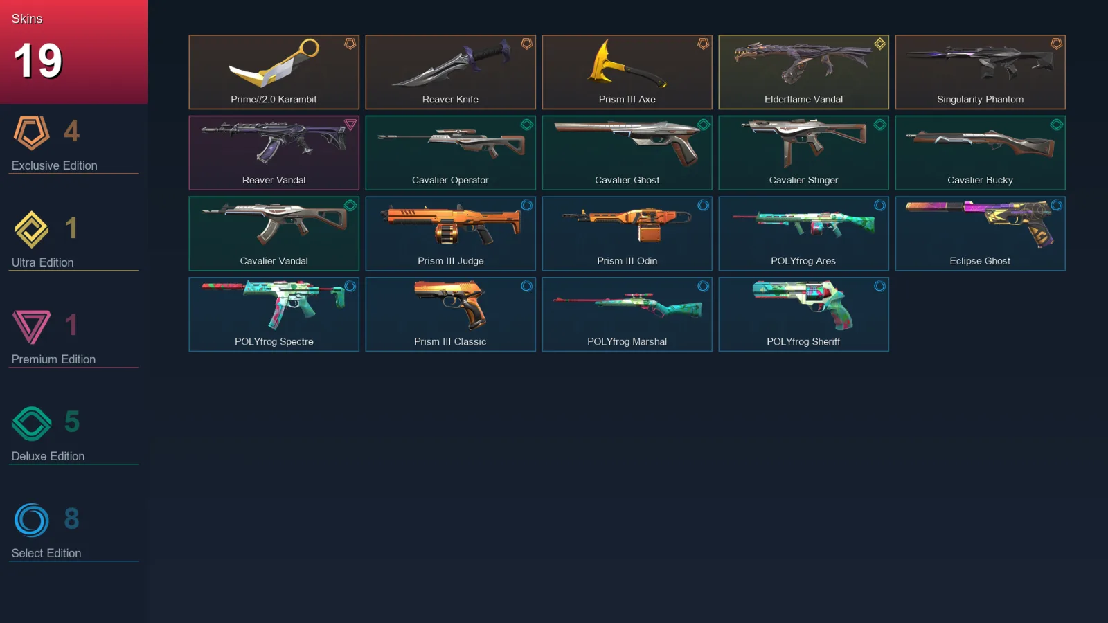 EU | Lv50 | Unranked | 19 Skin | 18 Agent | 39 Buddy — Cavalier Ghost