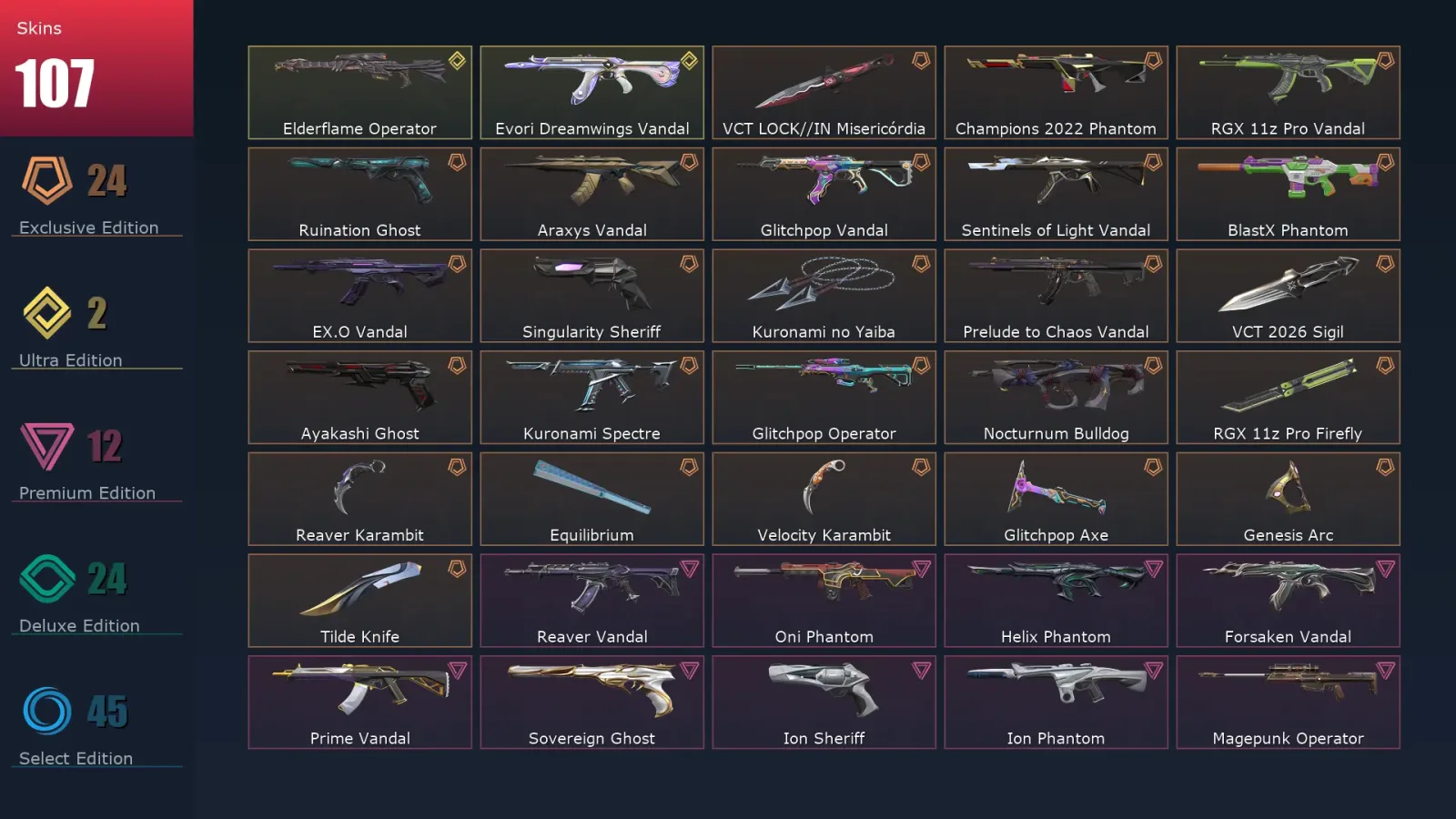 [Valorant] | EU | Level 208 | 29 Agents | 107 Skins
