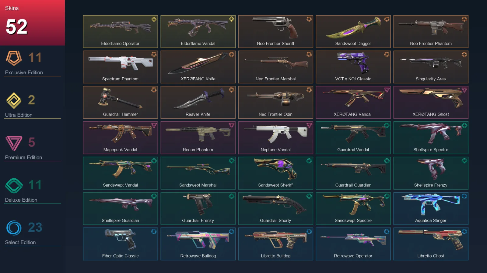 AP | Neo Frontier Sheriff | Sandswept Dagger | Neo Frontier Phantom | Spectrum Phantom | 52 Skin | 19 Agent | 36 Buddy | Lv59