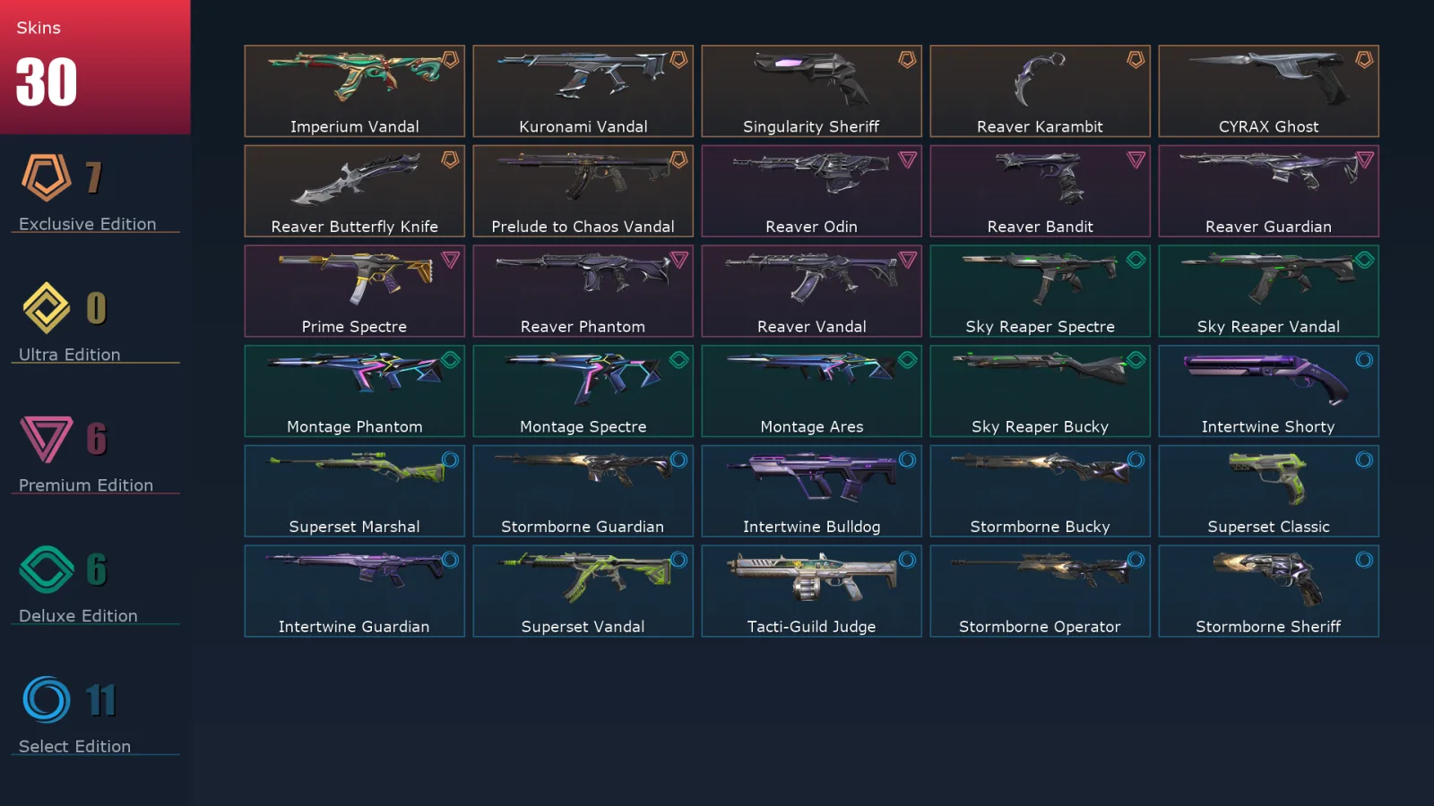 [Valorant] | EU | Level 56 | Platinum 3 | 19 Agents | 30 Skins