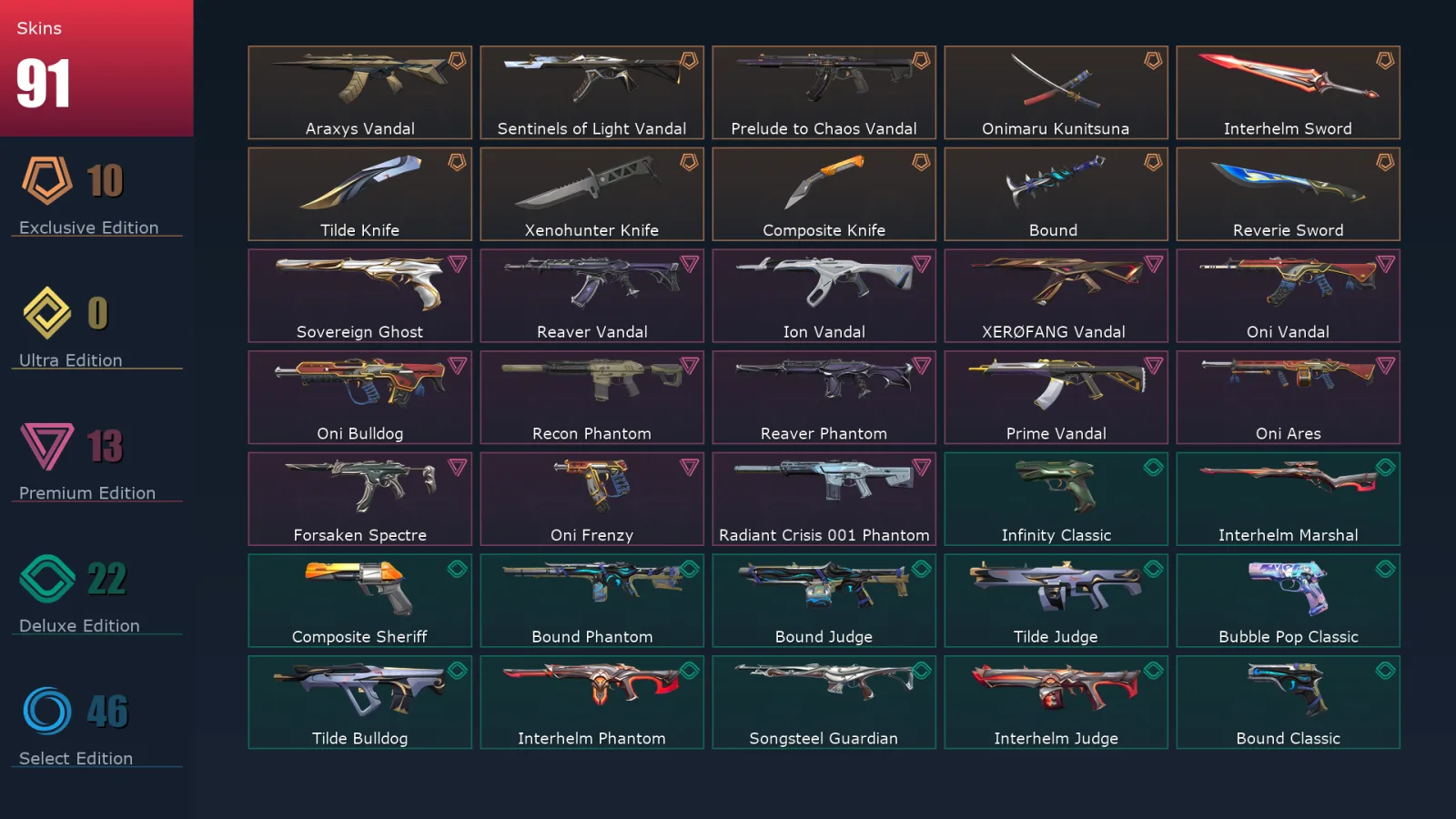 [Valorant] | EU | Level 295 | Platinum 1 | 28 Agents | 91 Skins