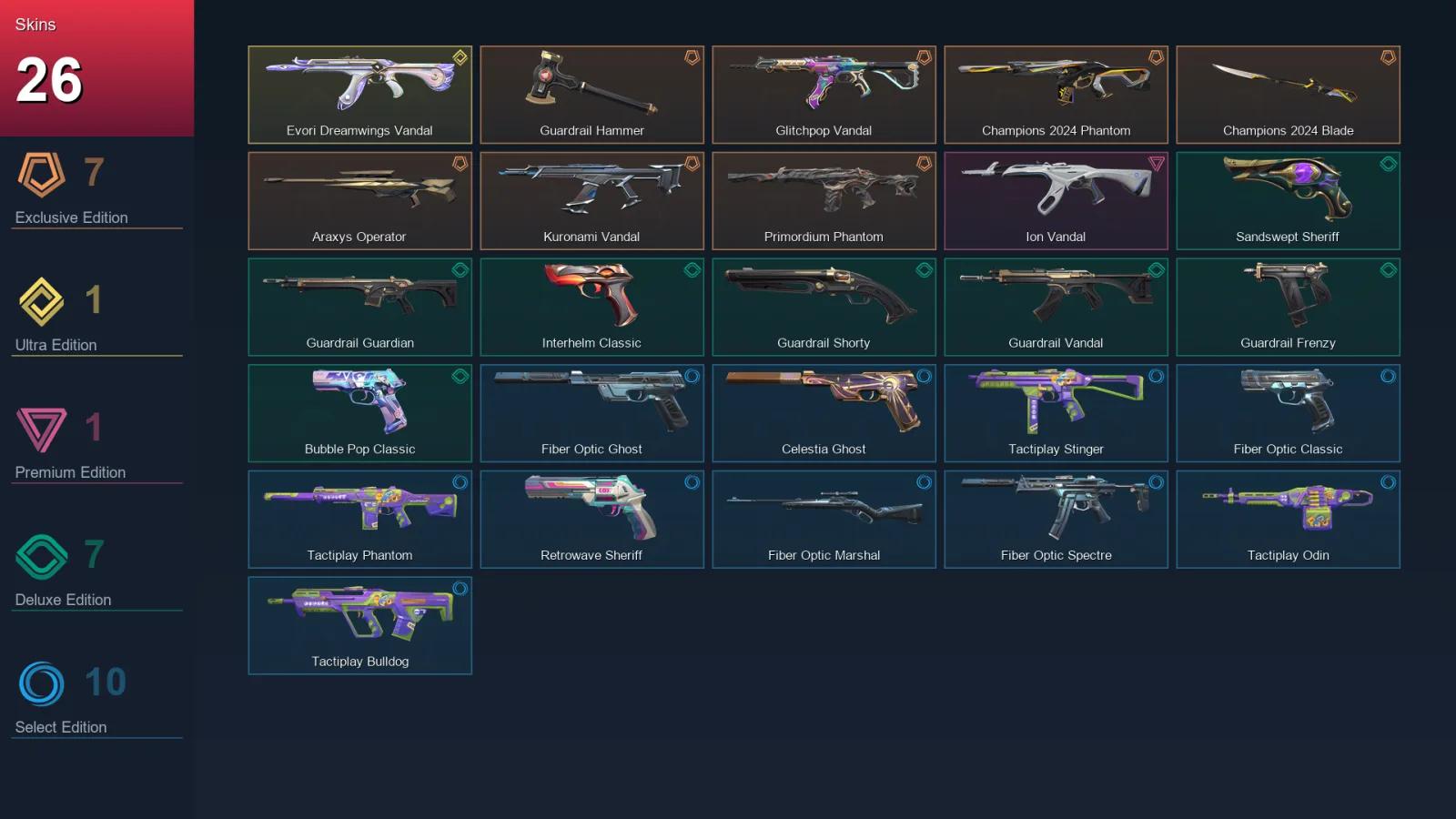 AP | Lv140 | Unranked | 26 Skin | 28 Agent | 58 Buddy — Guardrail Hammer