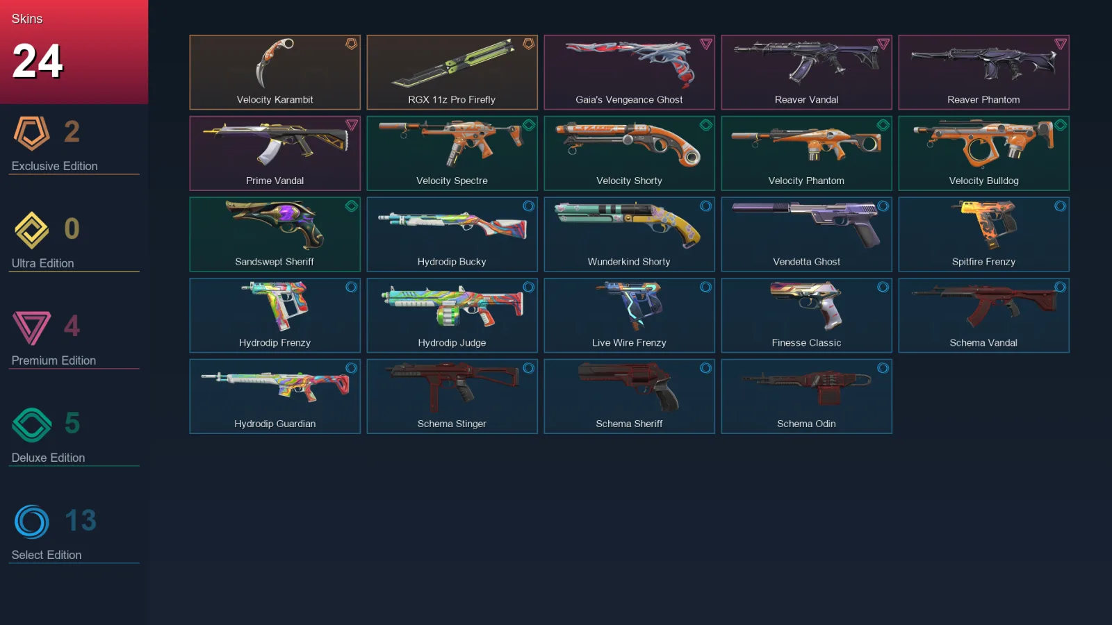 EU | Velocity Karambit | RGX 11z Pro Firefly | Gaia's Vengeance Ghost | Reaver Vandal | 24 Skin | 27 Agent | 79 Buddy | Lv157