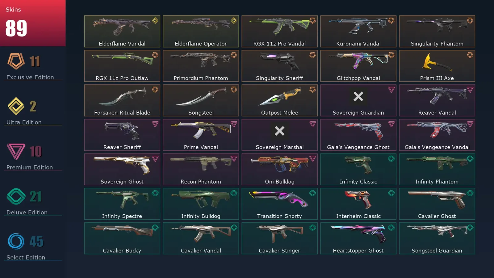 [Valorant] | EU | Level 485 | 29 Agents | 89 Skins