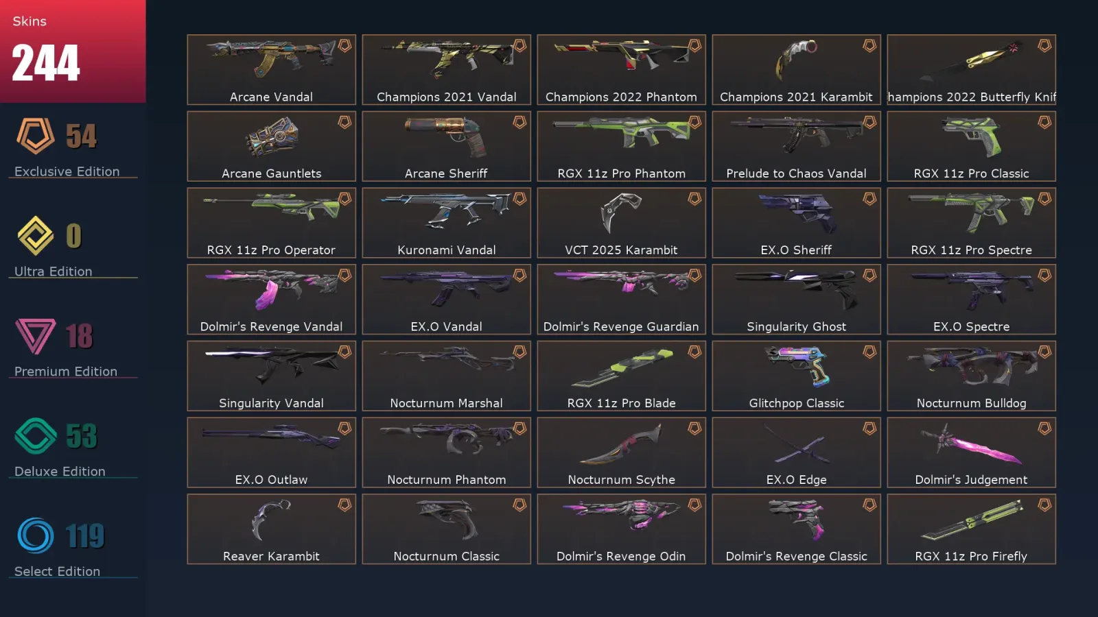 [Valorant] | EU | Level 368 | Platinum 3 | 29 Agents | 244 Skins