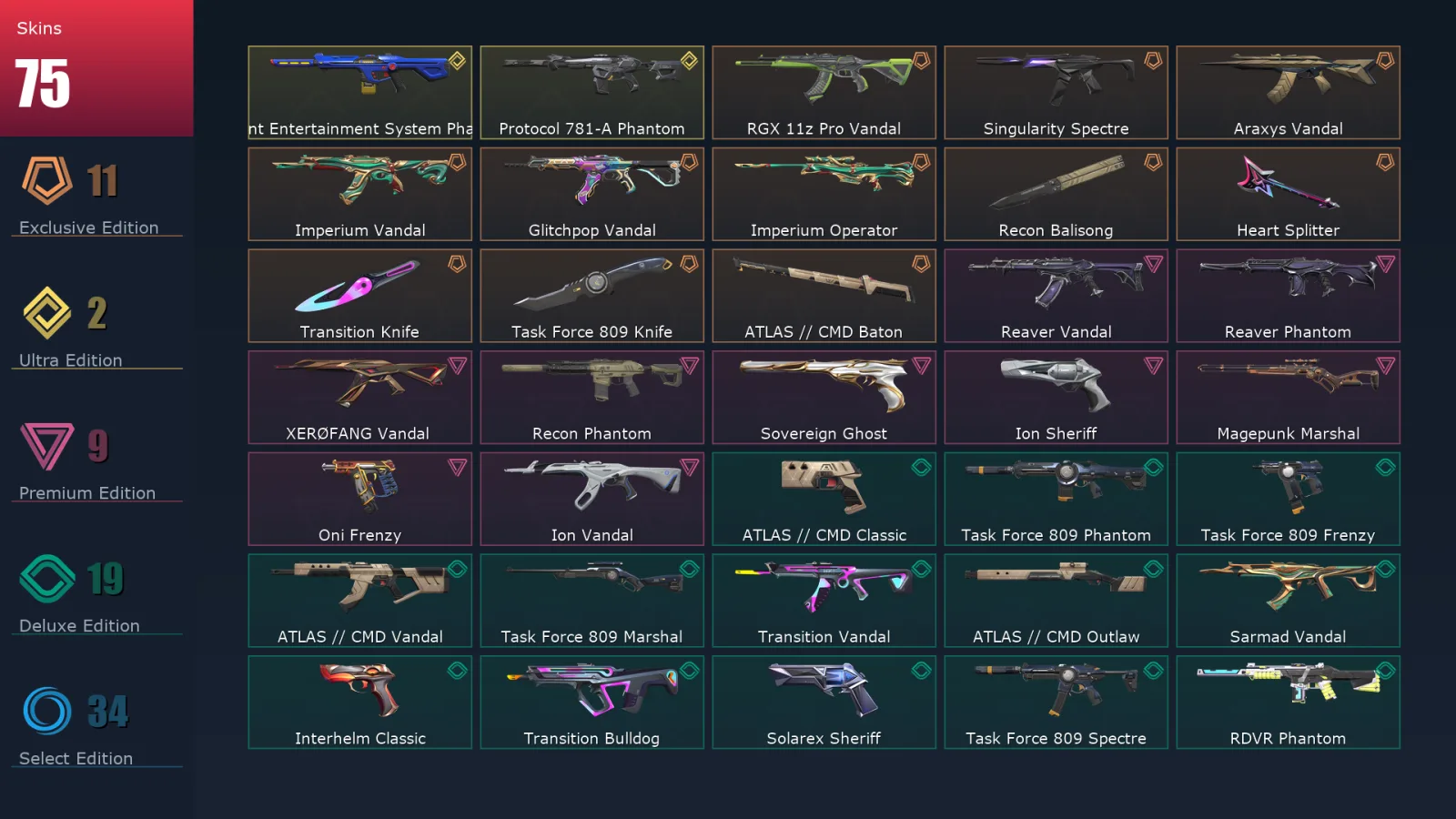 [Valorant] | EU | Level 170 | 28 Agents | 75 Skins