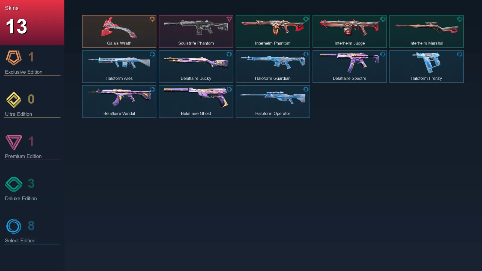 EU | Gaia's Wrath | Soulstrife Phantom | Interhelm Phantom | Interhelm Judge | 13 Skin | 10 Agent | 17 Buddy | Lv31