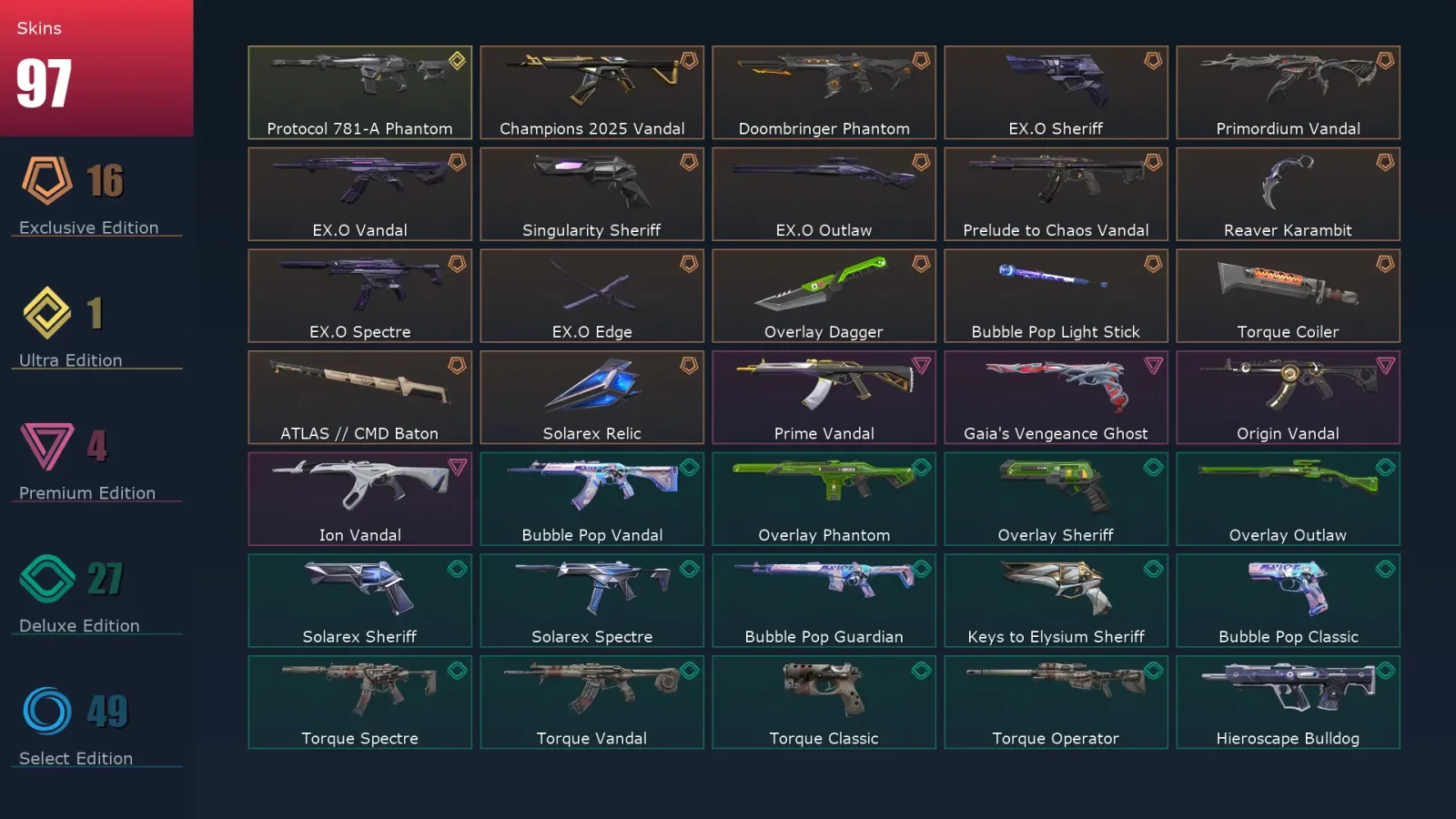 [Valorant] | EU | Level 219 | Silver 2 | 29 Agents | 97 Skins