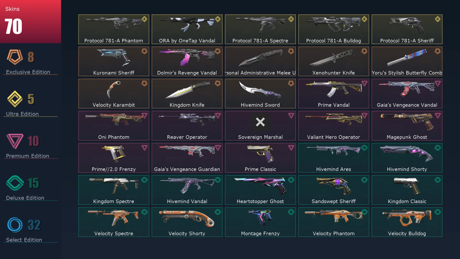[Valorant] | EU | Level 222 | 29 Agents | 70 Skins