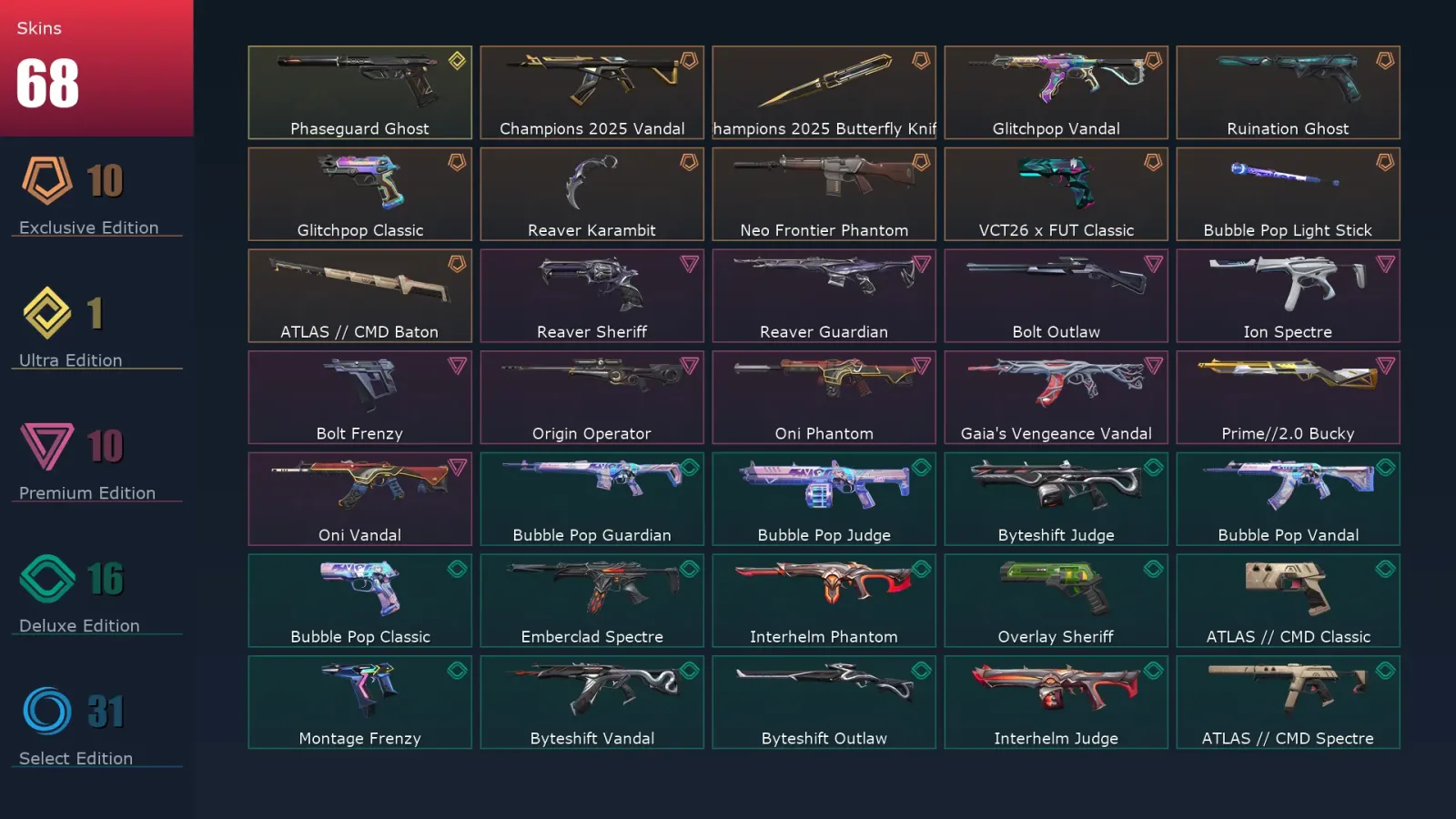 [Valorant] | EU | Level 159 | Platinum 2 | 29 Agents | 68 Skins