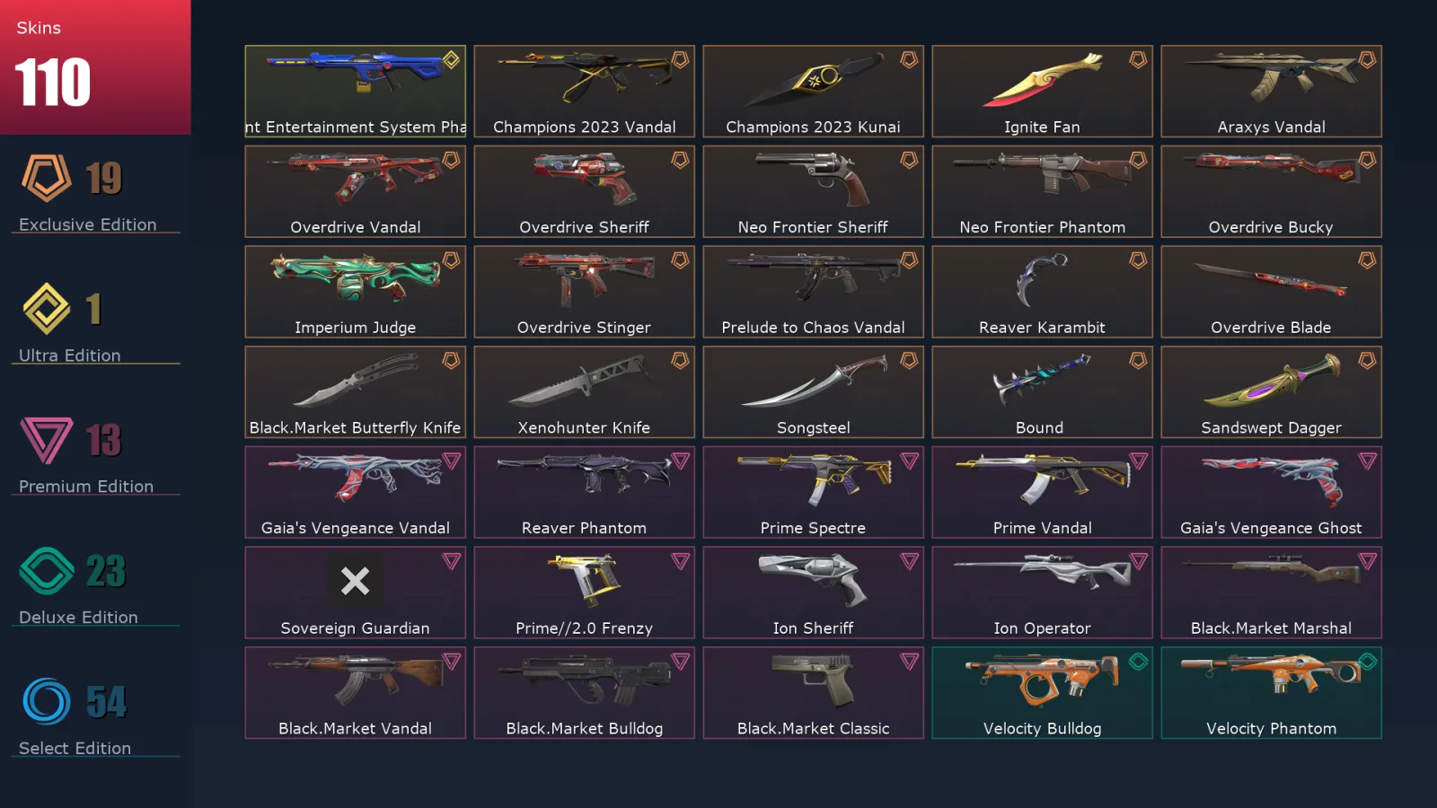 [Valorant] | EU | Level 156 | 29 Agents | 110 Skins