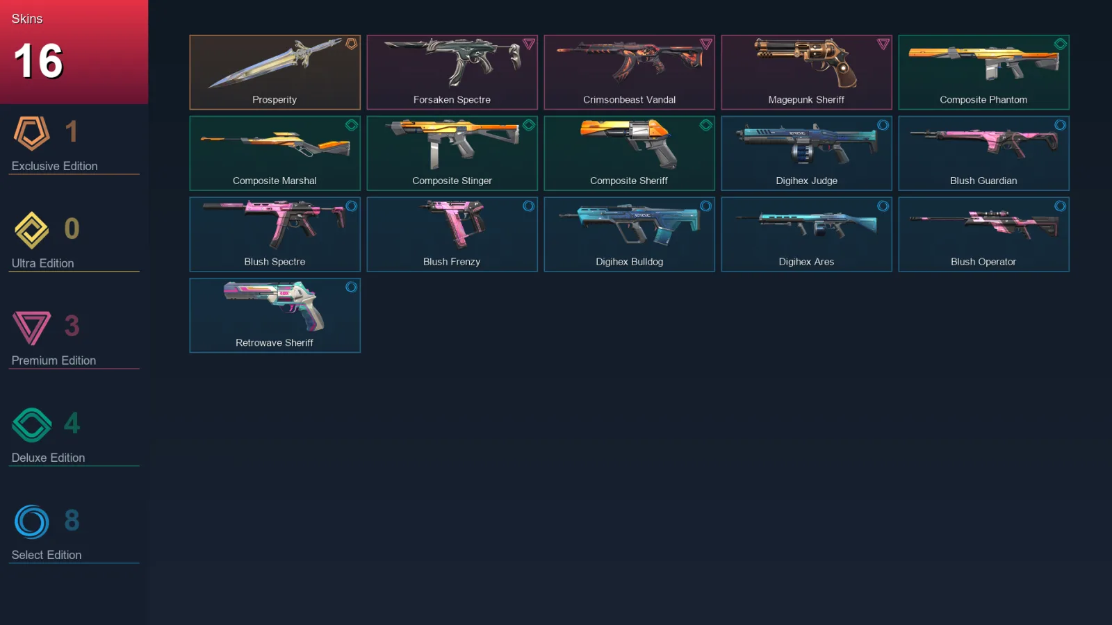 EU | Lv69 | Unranked | 16 Skin | 18 Agent | 33 Buddy — Forsaken Spectre