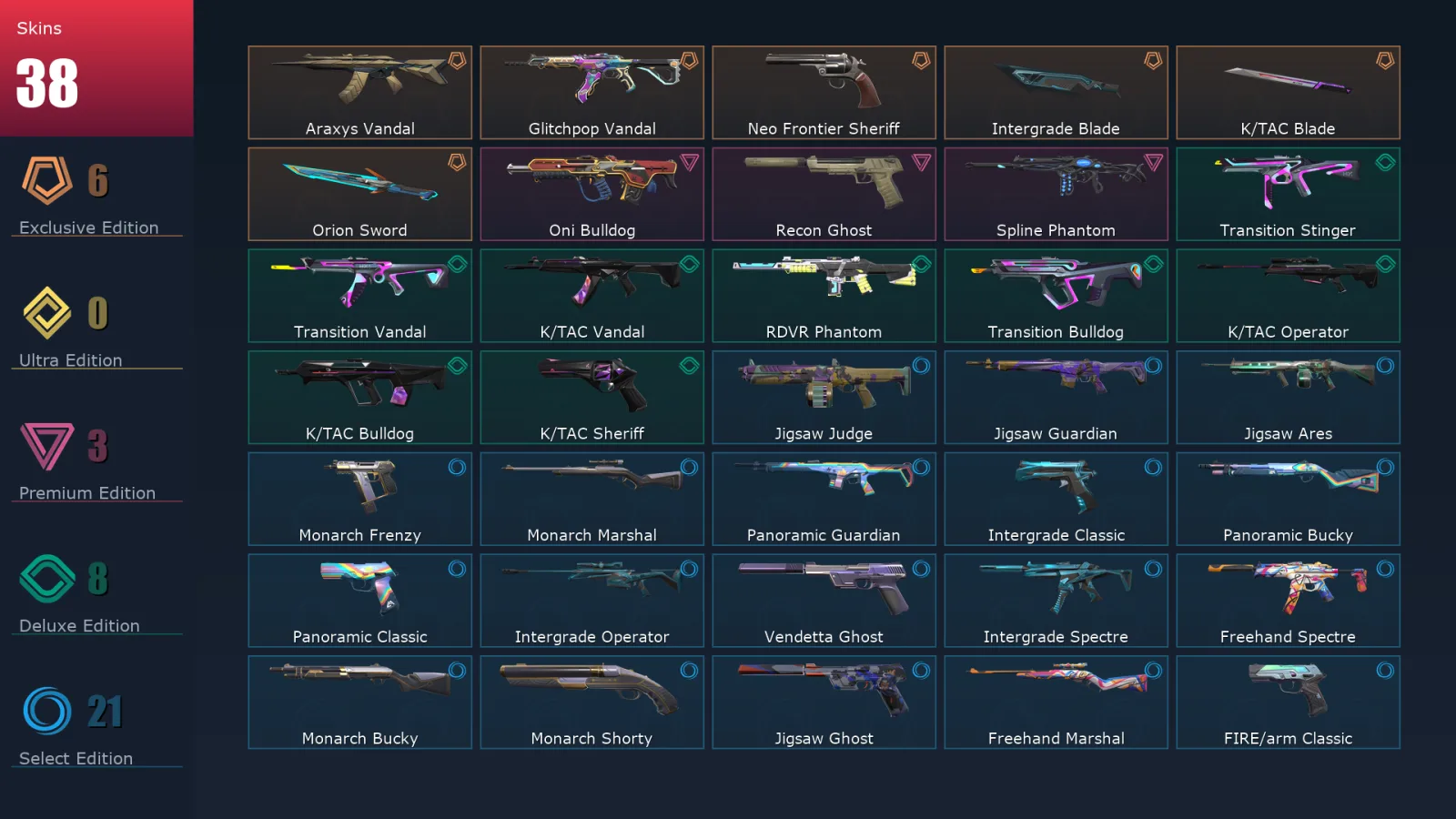 [Valorant] | EU | Level 71 | 16 Agents | 38 Skins