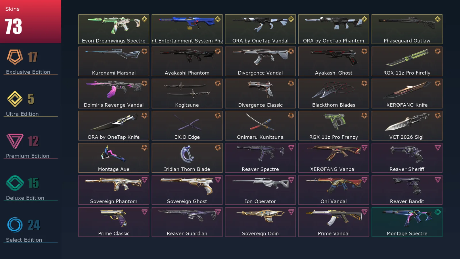 [Valorant] | EU | Level 218 | 29 Agents | 73 Skins