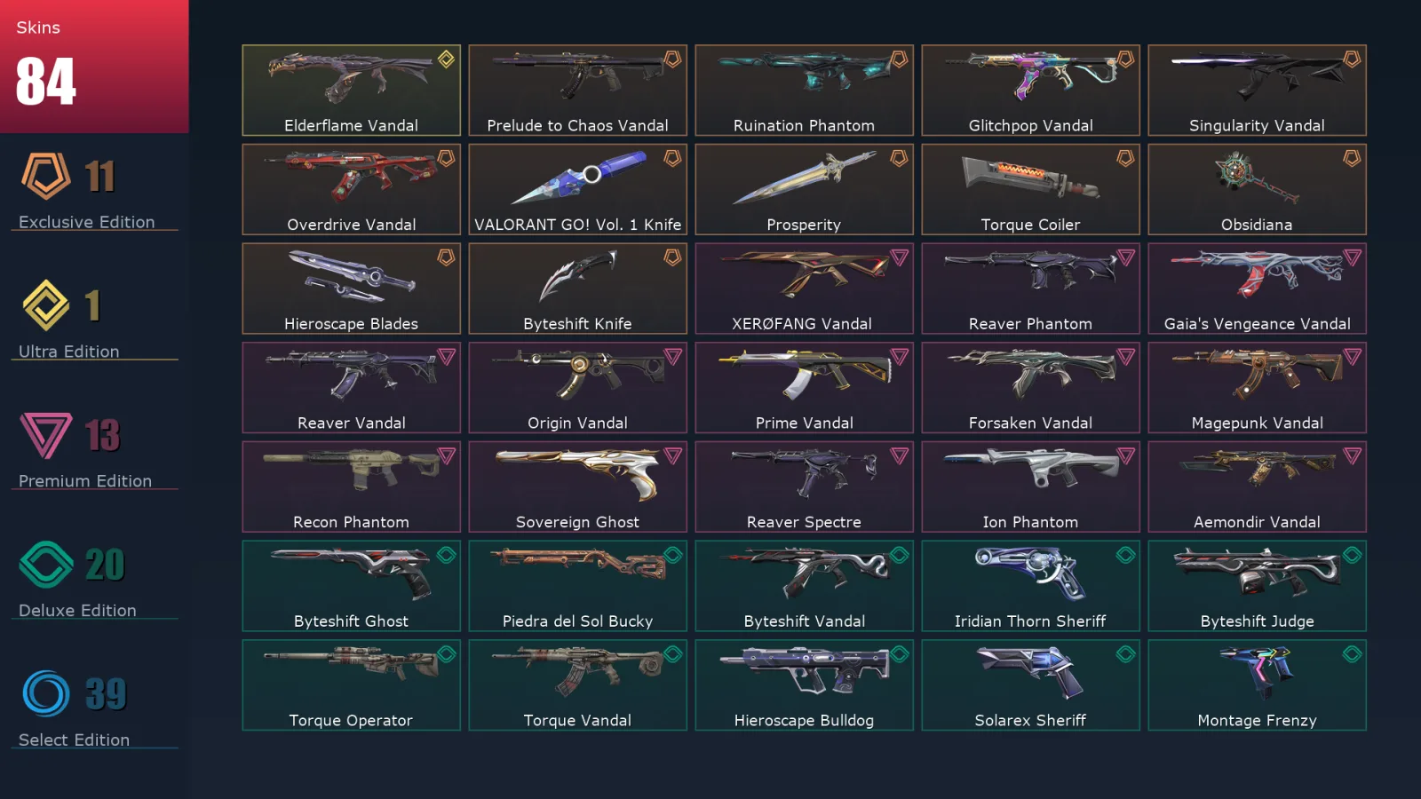 [Valorant] | EU | Level 228 | Silver 1 | 29 Agents | 84 Skins