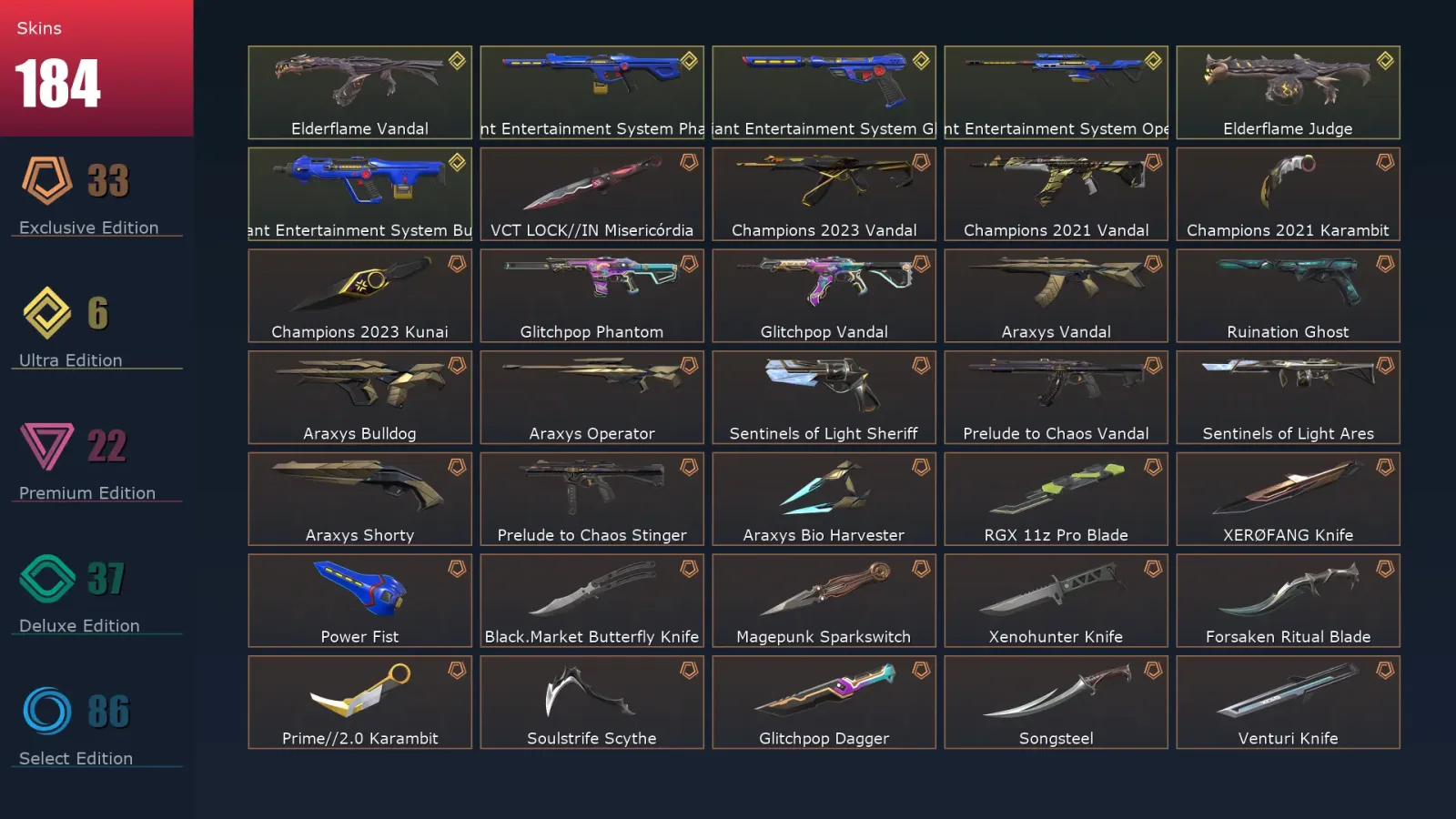 [Valorant] | EU | Level 250 | 24 Agents | 184 Skins