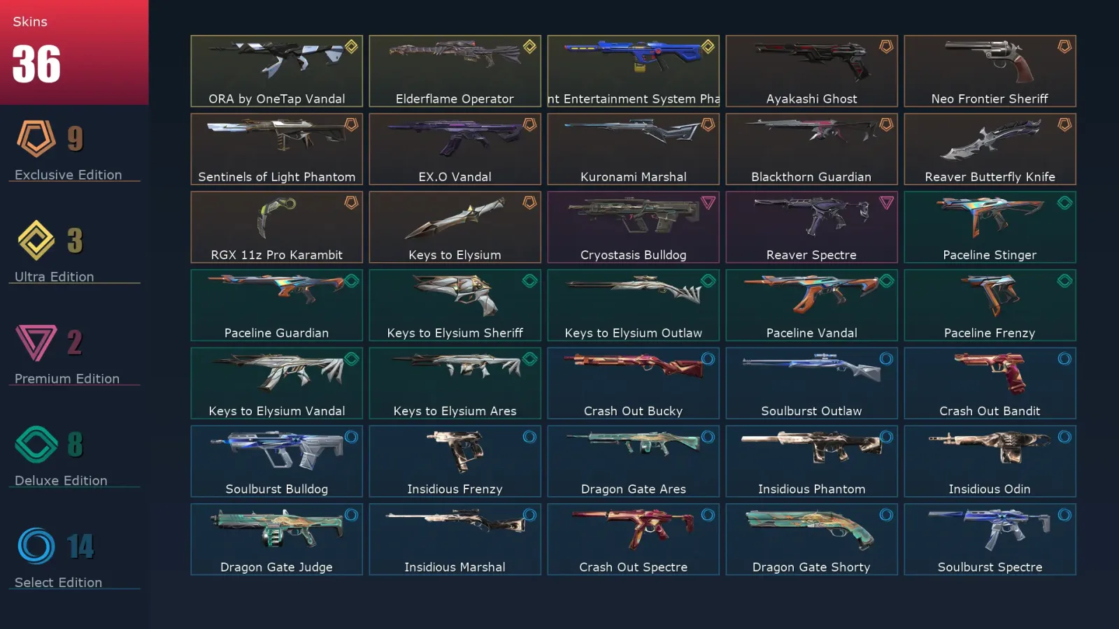 [Valorant] | EU | Level 47 | 12 Agents | 36 Skins