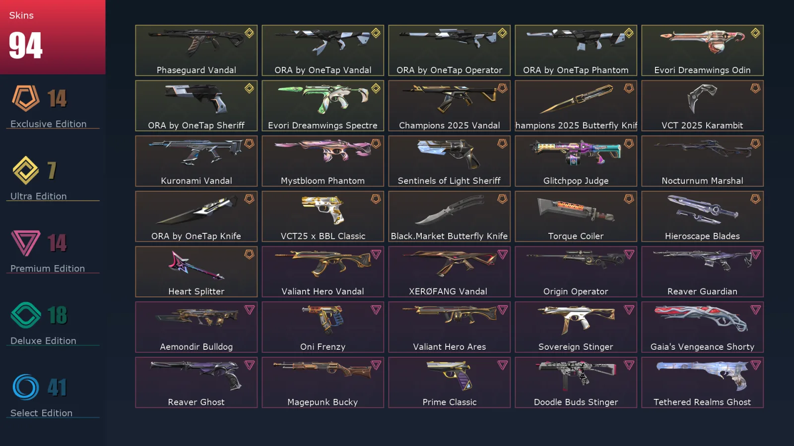 [Valorant] | EU | Level 141 | Diamond 3 | 29 Agents | 94 Skins