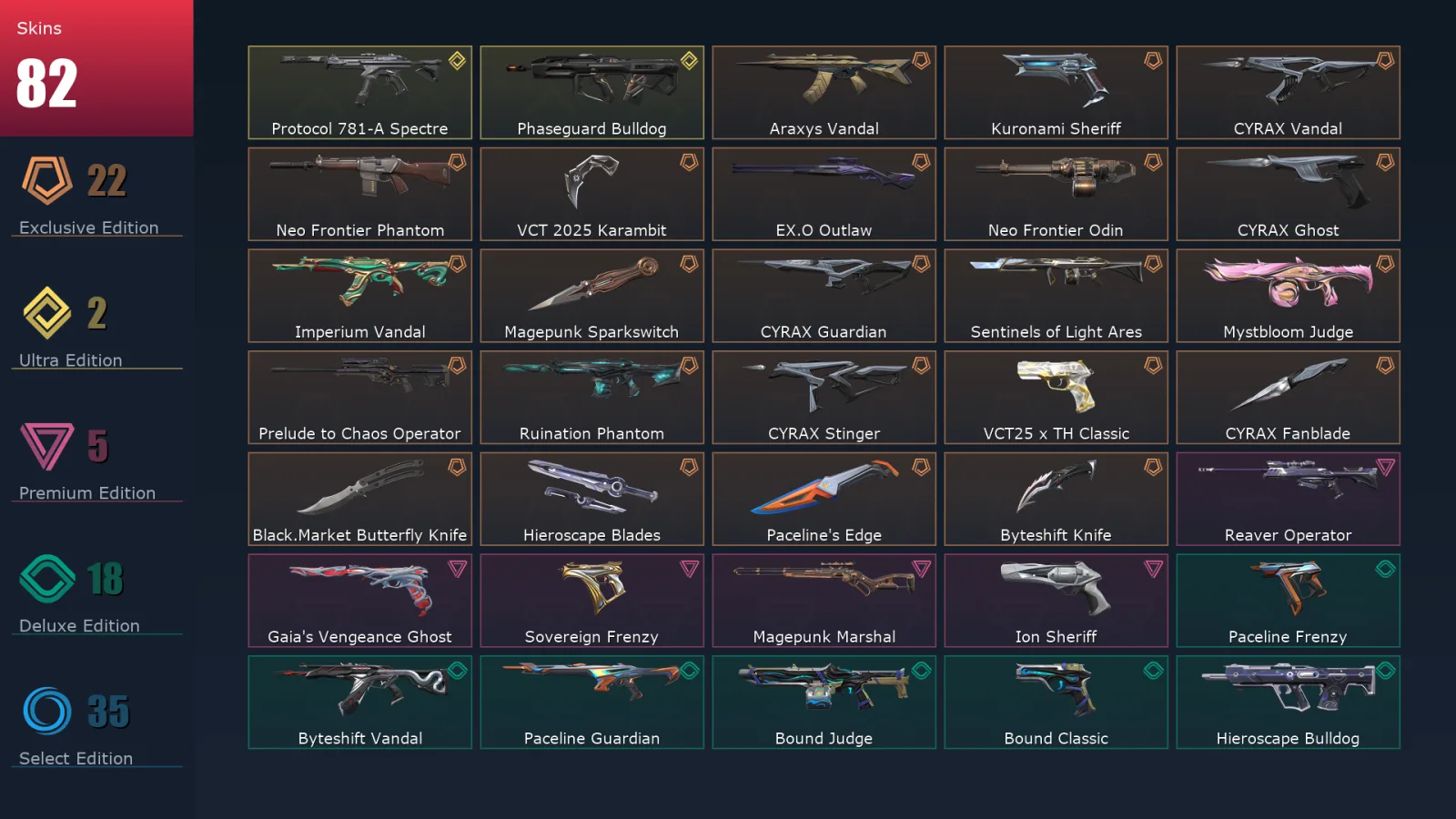 [Valorant] | EU | Level 117 | Platinum 3 | 29 Agents | 82 Skins