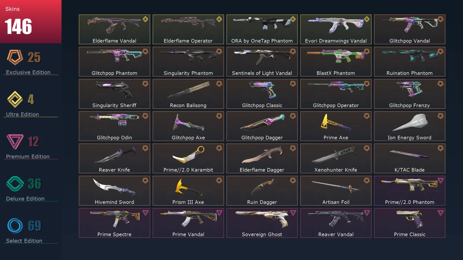 [Valorant] | EU | Level 229 | Platinum 2 | 27 Agents | 146 Skins