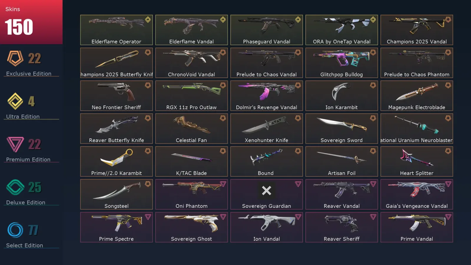 [Valorant] | EU | Level 500 | Platinum 1 | 29 Agents | 150 Skins