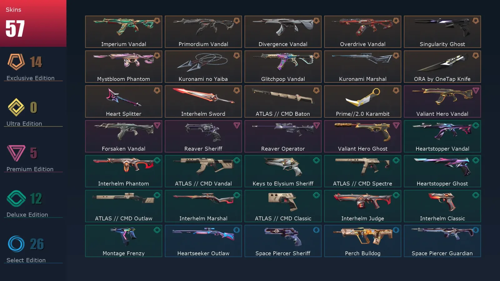 [Valorant] | EU | Level 162 | Diamond 3 | 24 Agents | 57 Skins