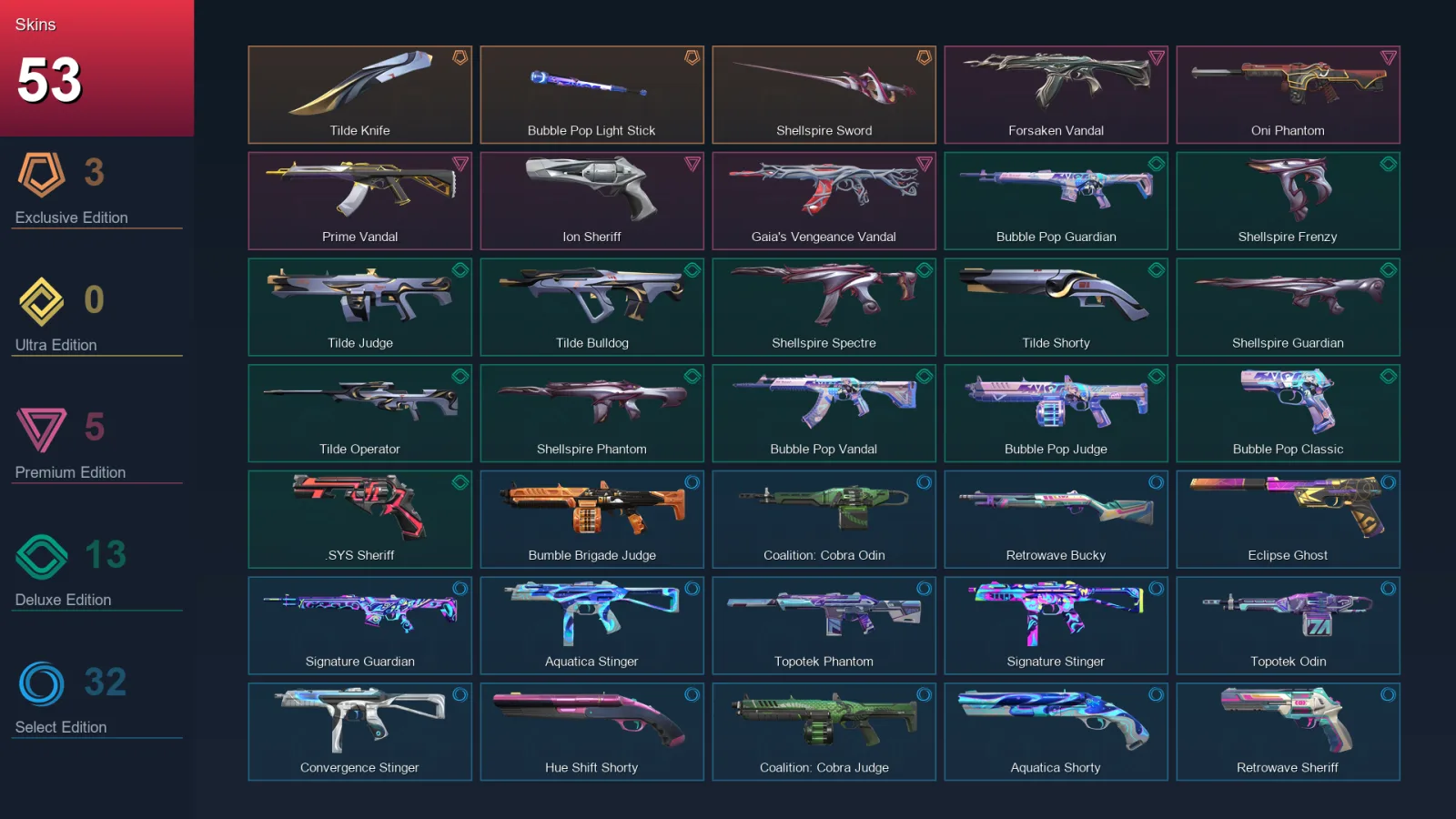 EU | Tilde Knife | Bubble Pop Light Stick | Shellspire Sword | Forsaken Vandal | 53 Skin | 29 Agent | 60 Buddy | Lv110