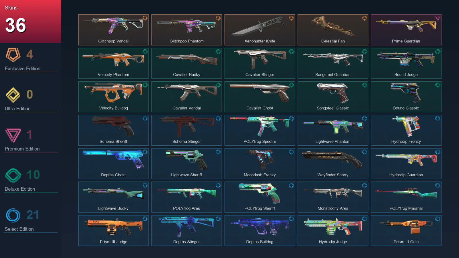 NA | Lv44 | Unranked | 36 Skin | 18 Agent | 36 Buddy