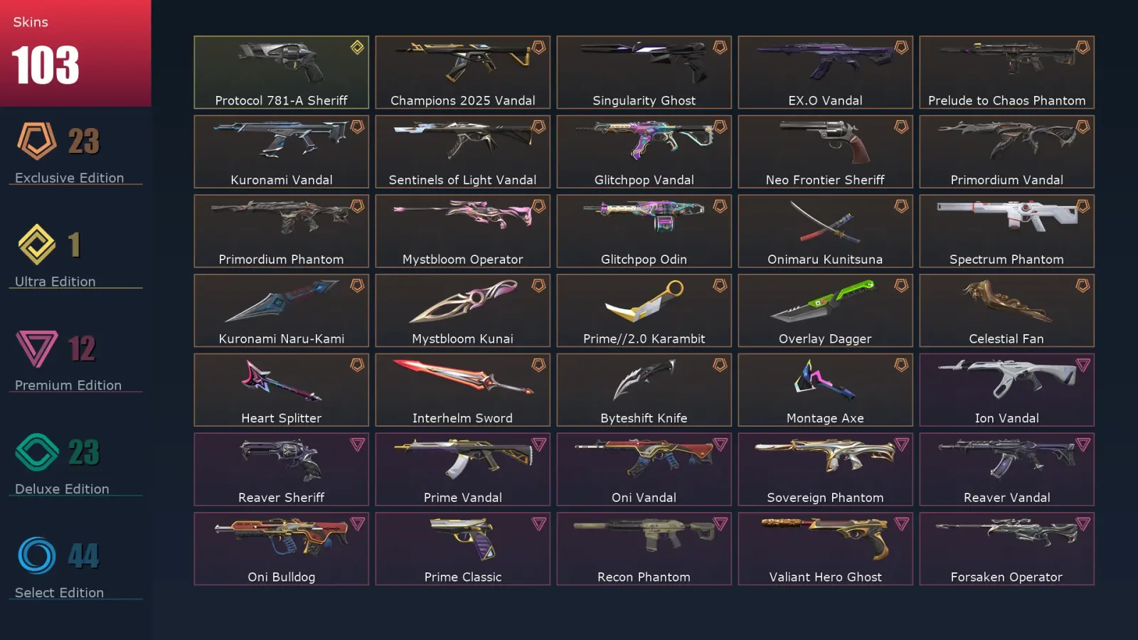 [Valorant] | EU | Level 275 | Silver 2 | 29 Agents | 103 Skins