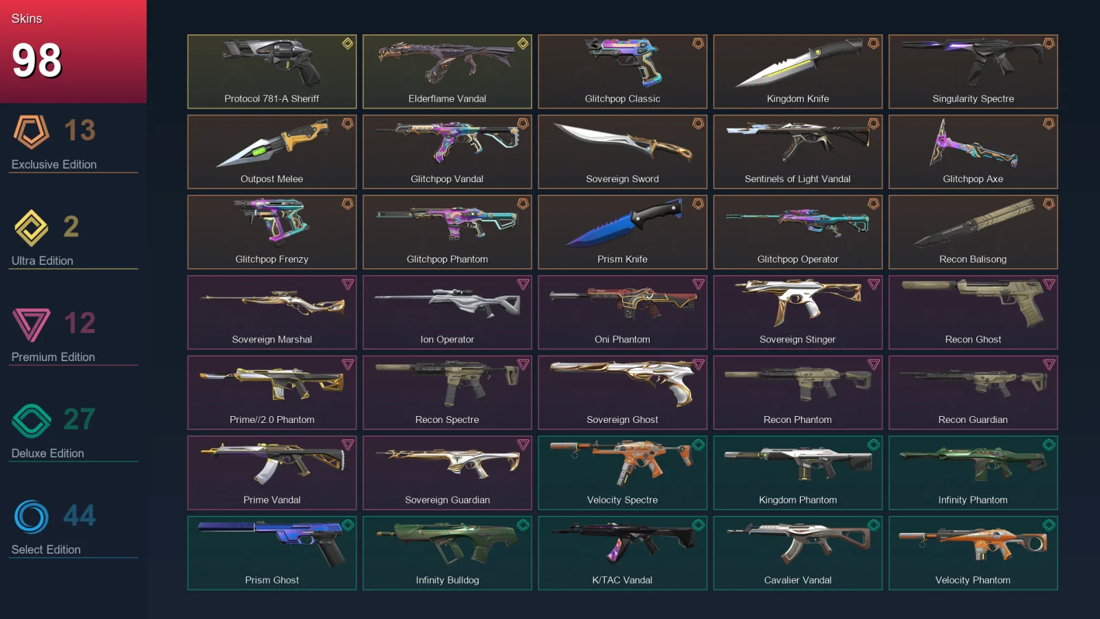 NA | Glitchpop Classic | Kingdom Knife | Singularity Spectre | Outpost Melee | 98 Skin | 18 Agent | 71 Buddy | Lv61