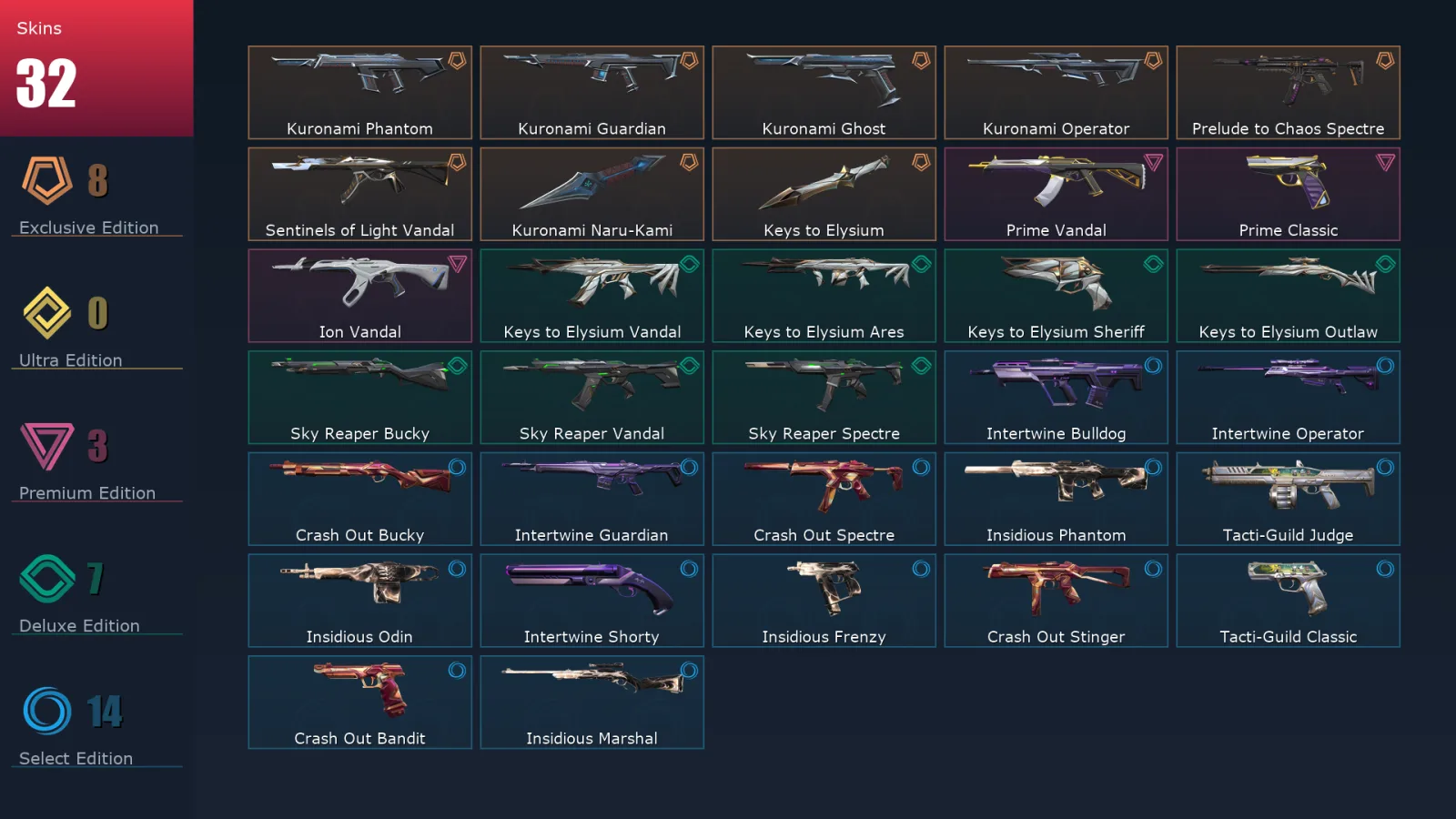 [Valorant] | EU | Level 38 | Silver 3 | 12 Agents | 32 Skins