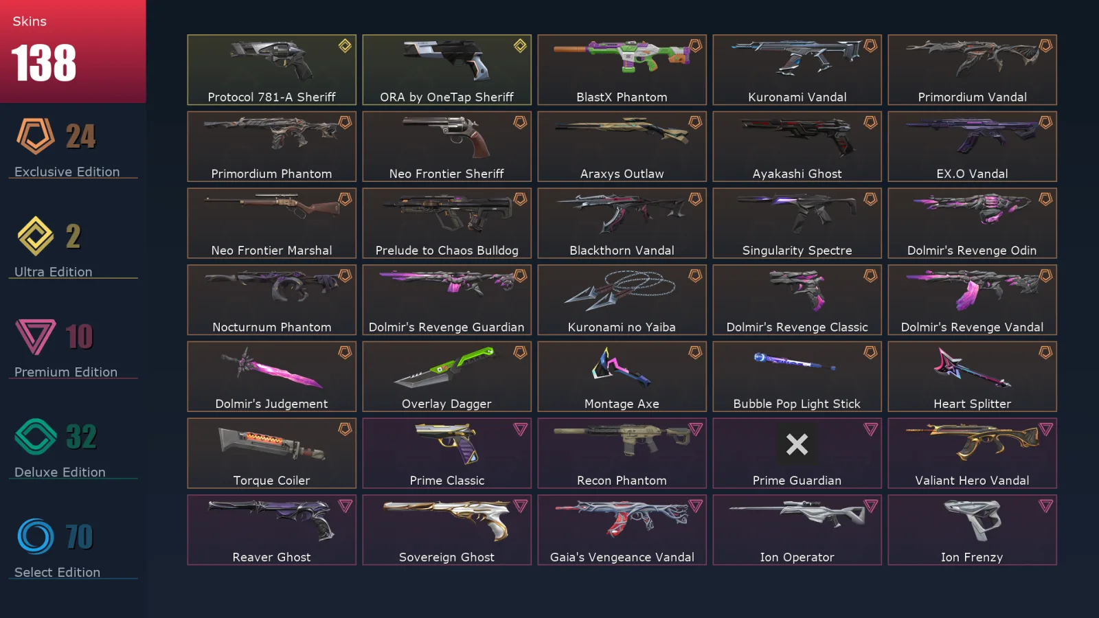 [Valorant] | EU | Level 168 | Gold 1 | 29 Agents | 138 Skins