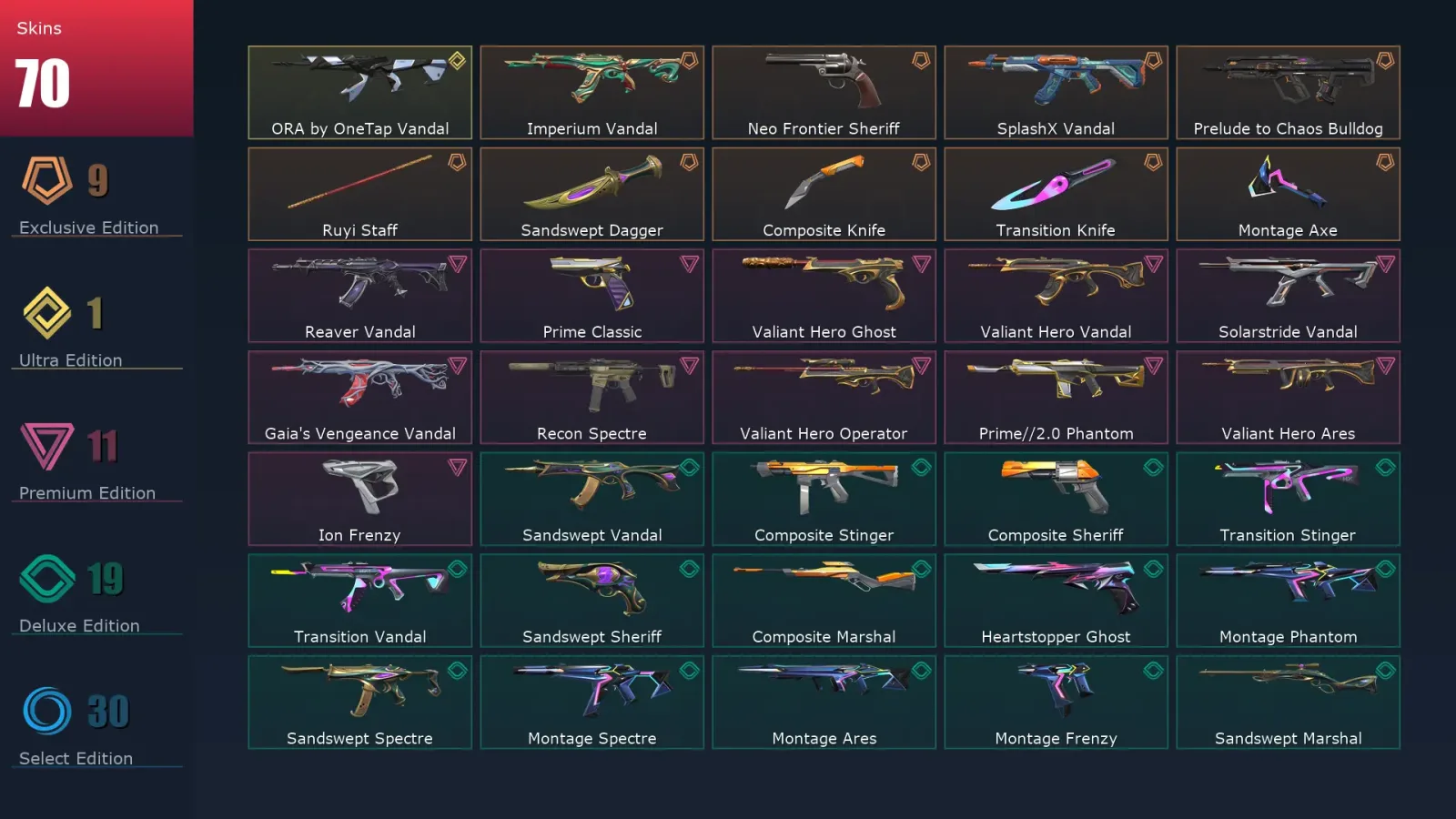 [Valorant] | EU | Level 139 | 29 Agents | 70 Skins