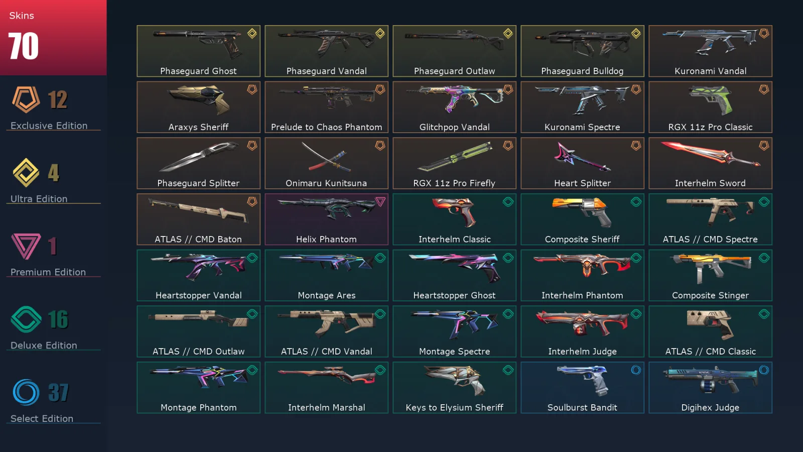 [Valorant] | EU | Level 118 | 26 Agents | 70 Skins