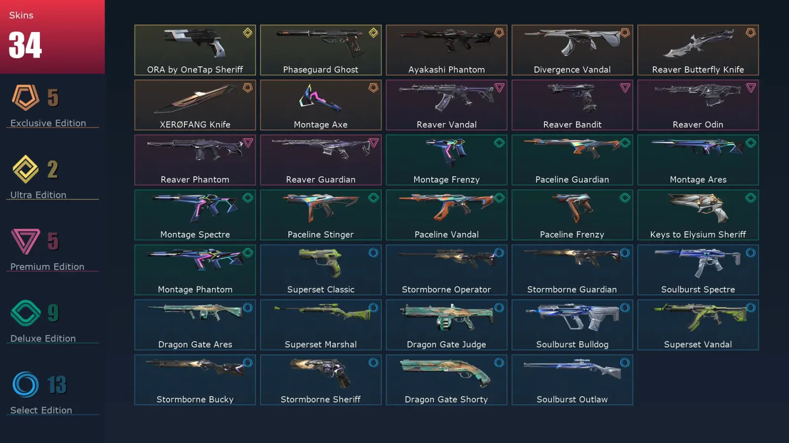 [Valorant] | EU | Level 71 | Platinum 2 | 22 Agents | 34 Skins