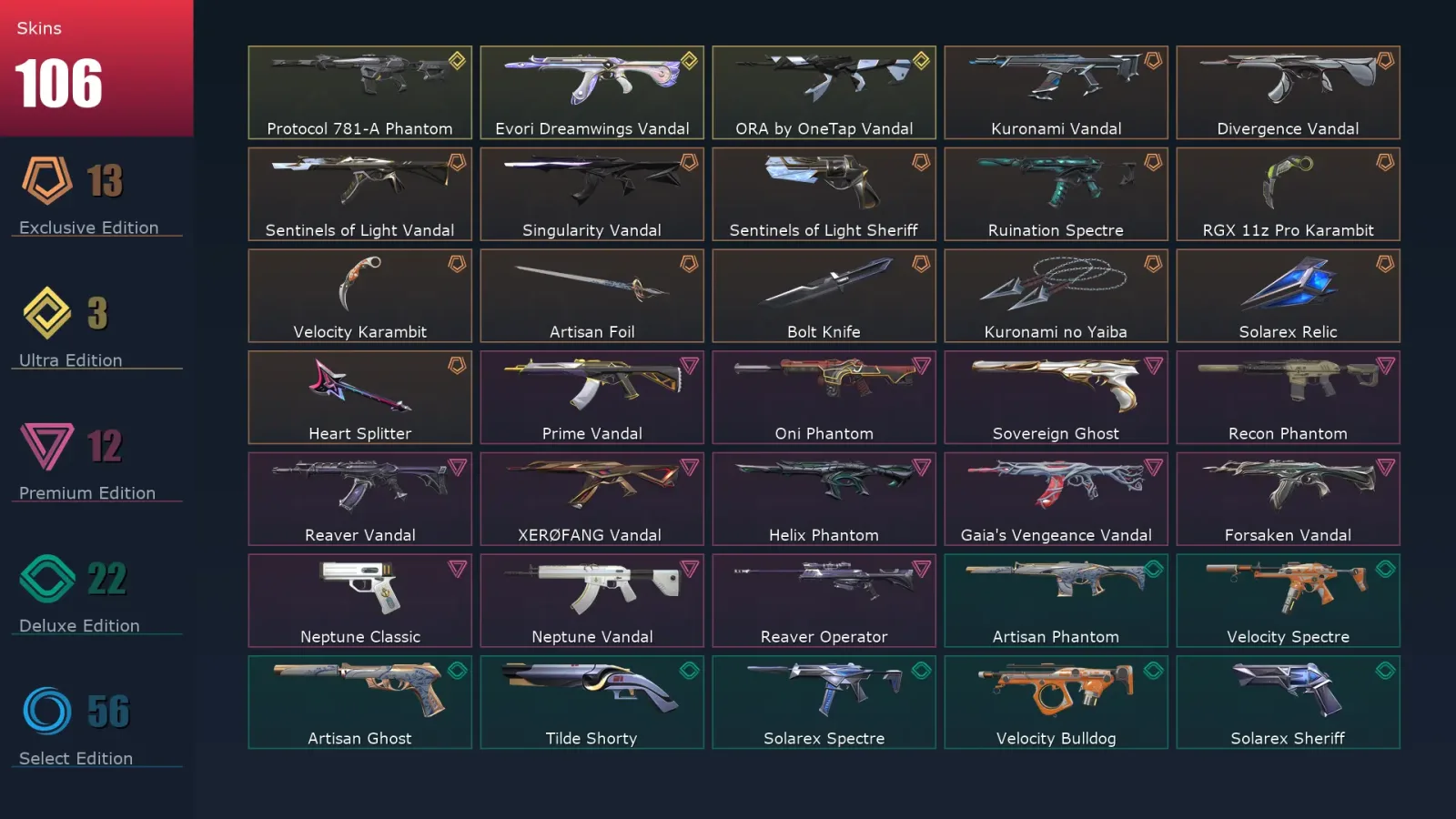 [Valorant] | EU | Level 376 | 29 Agents | 106 Skins