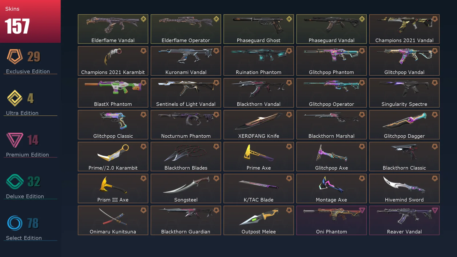 [Valorant] | EU | Level 231 | Platinum 1 | 29 Agents | 157 Skins