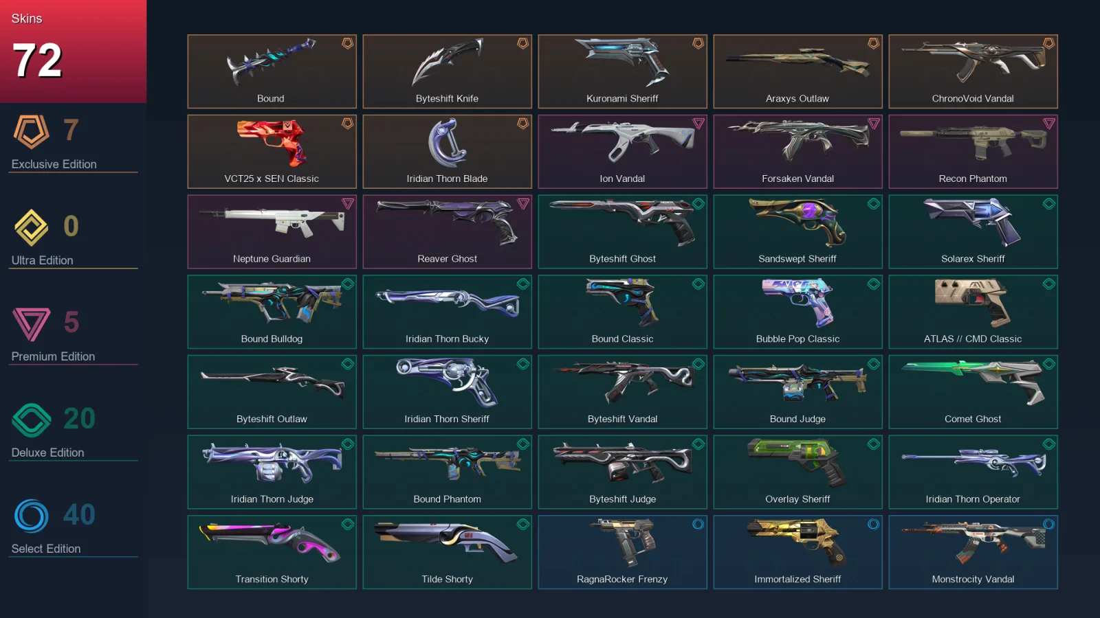 AP | Lv472 | Unranked | 72 Skin | 28 Agent | 161 Buddy