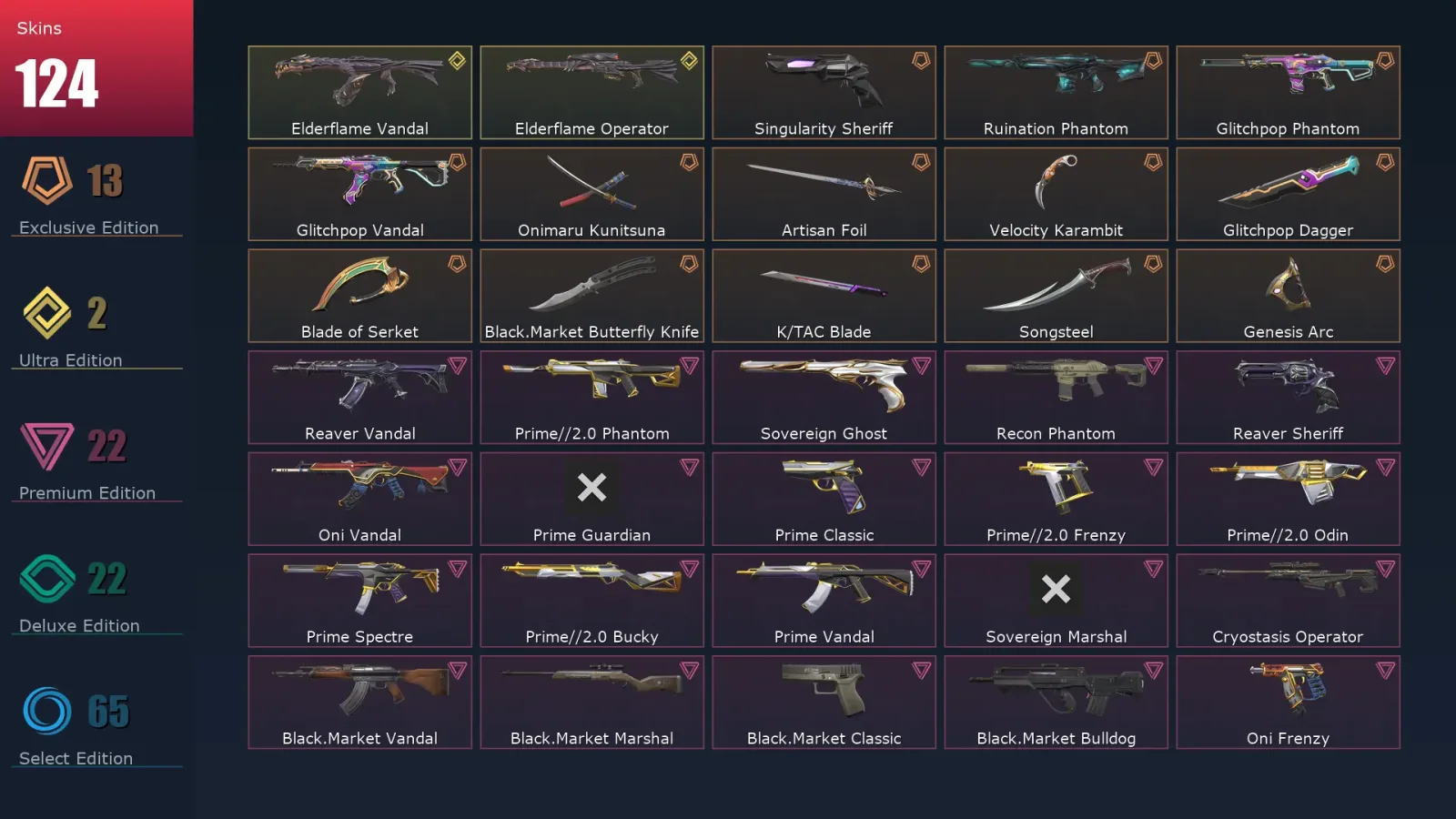 [Valorant] | EU | Level 294 | 25 Agents | 124 Skins