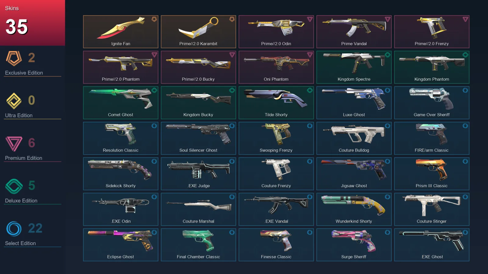 EU | Ignite Fan | Prime//2.0 Karambit | Prime//2.0 Odin | Prime Vandal | 35 Skin | 24 Agent | 93 Buddy | Lv177