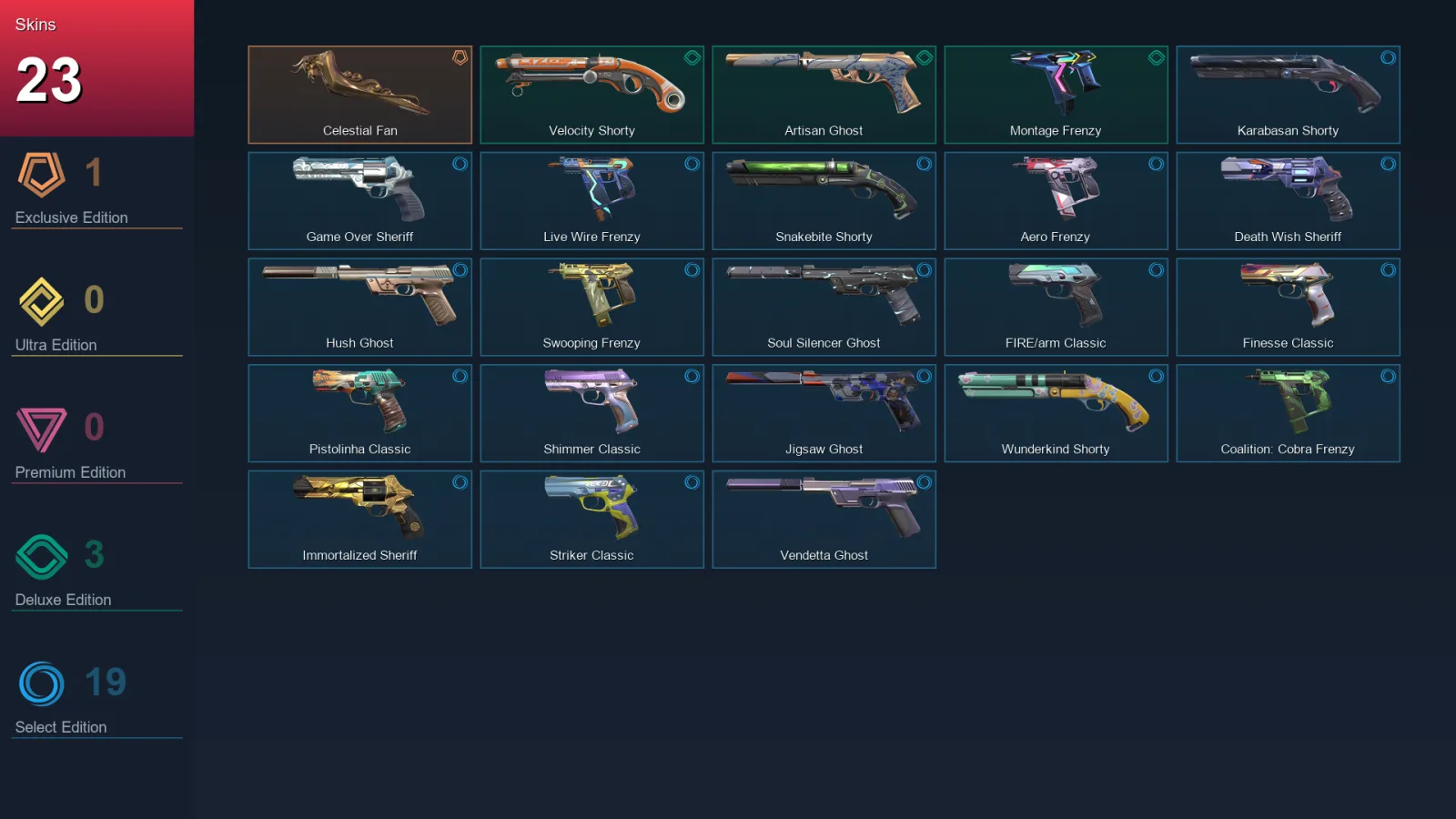 AP | Celestial Fan | Velocity Shorty | Artisan Ghost | Montage Frenzy | 23 Skin | 25 Agent | 93 Buddy | Lv294