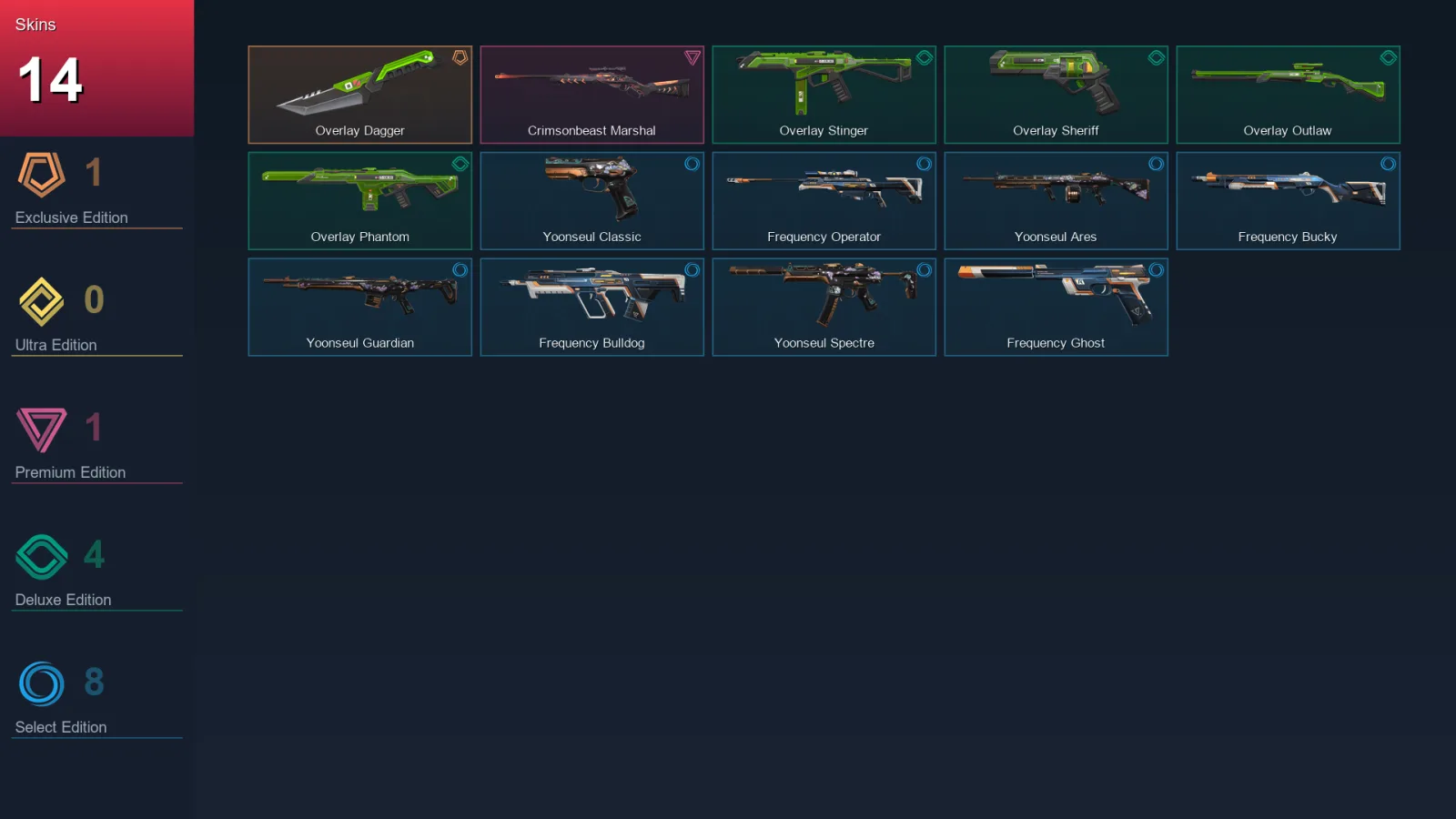 NA | Overlay Dagger | Crimsonbeast Marshal | Overlay Stinger | Overlay Sheriff | 14 Skin | 6 Agent | 20 Buddy | Lv48