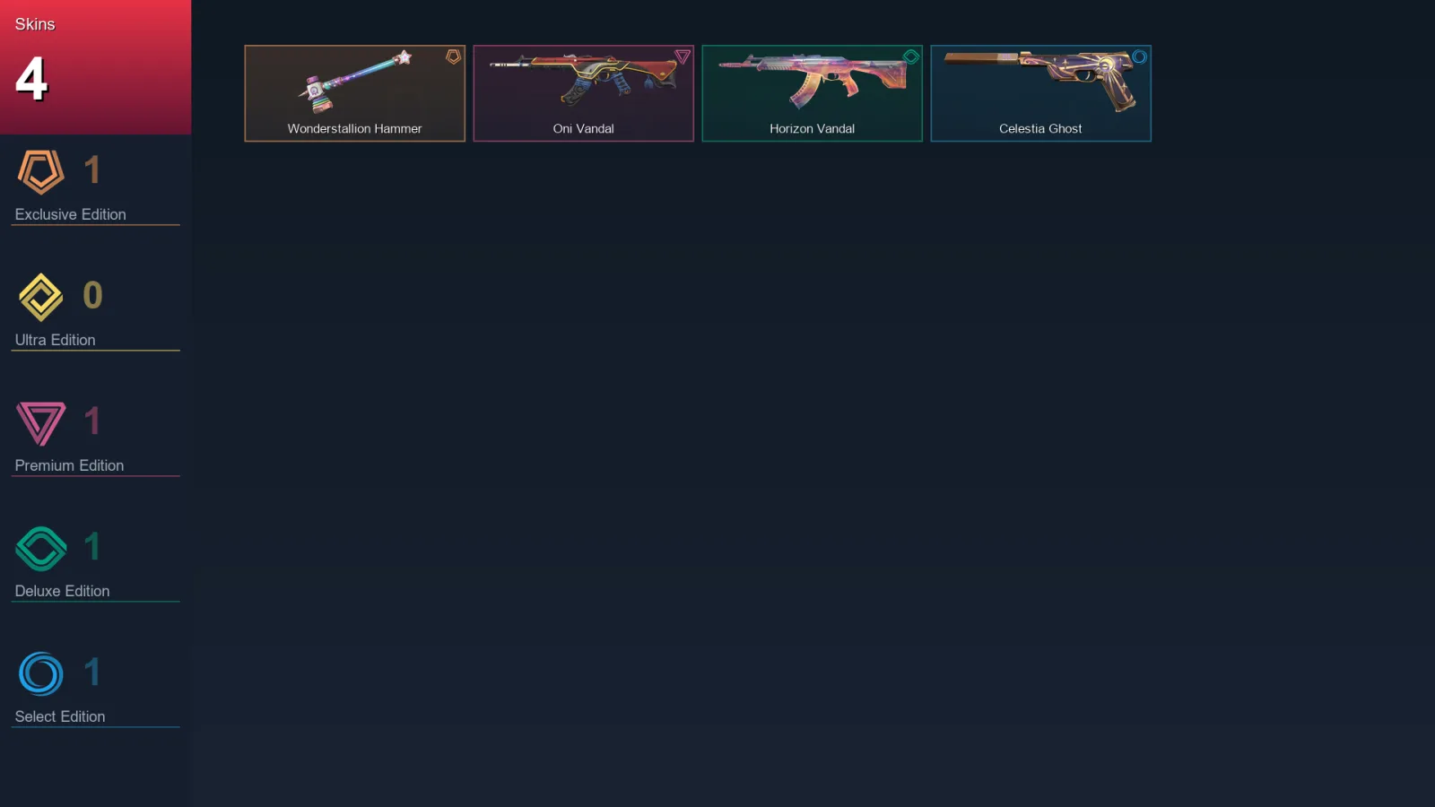 AP | Wonderstallion Hammer | Oni Vandal | Horizon Vandal | Celestia Ghost | 4 Skin | 13 Agent | 17 Buddy | Lv47