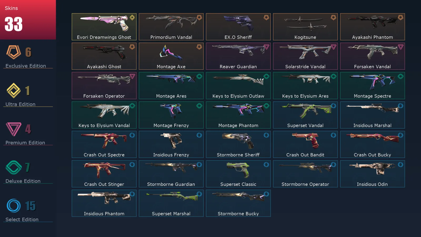 [Valorant] | EU | Level 55 | Ascendant 1 | 18 Agents | 33 Skins