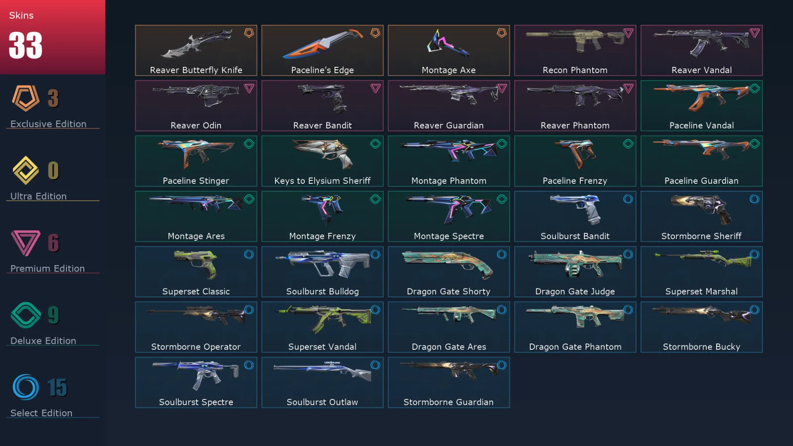 [Valorant] | EU | Level 53 | Diamond 1 | 15 Agents | 33 Skins