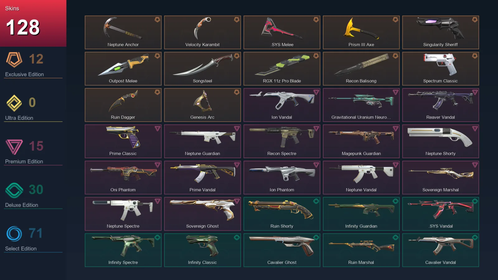 AP | Lv284 | Unranked | 128 Skin | 23 Agent | 134 Buddy