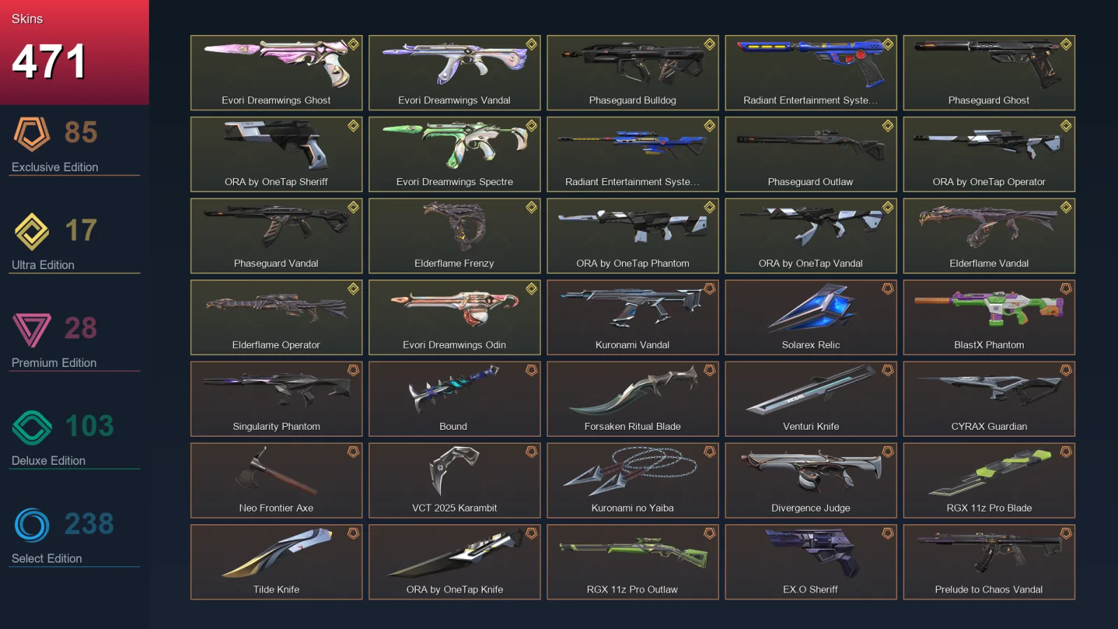 EU | Kuronami Vandal | Solarex Relic | BlastX Phantom | Singularity Phantom | 471 Skin | 29 Agent | 365 Buddy | Lv524