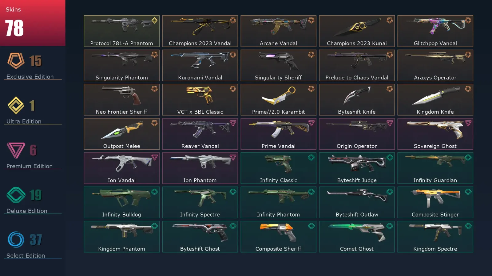 [Valorant] | EU | Level 331 | Gold 1 | 29 Agents | 78 Skins