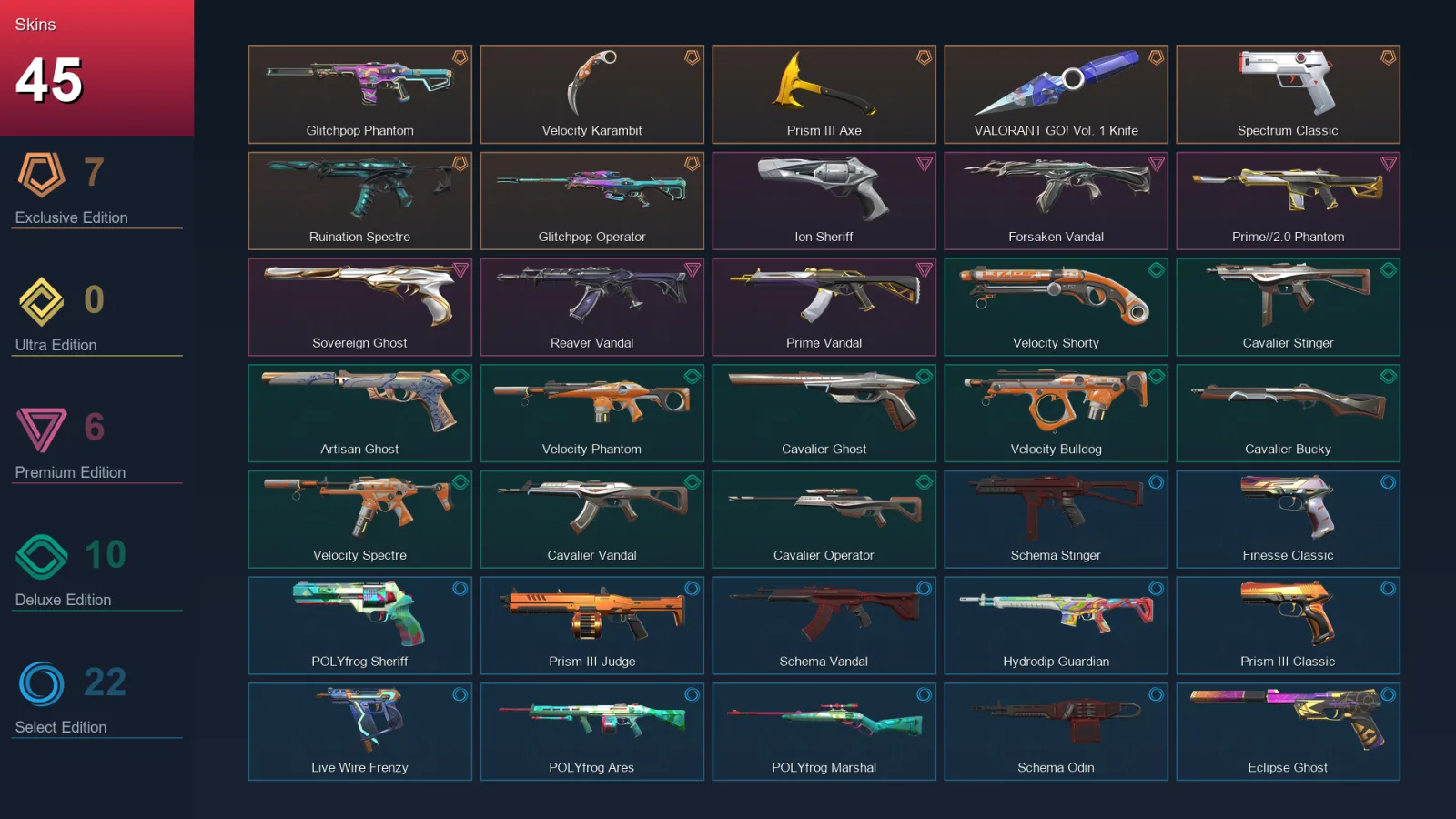 AP | Glitchpop Phantom | Velocity Karambit | Prism III Axe | VALORANT GO! Vol. 1 Knife | 45 Skin | 24 Agent | 76 Buddy | Lv181