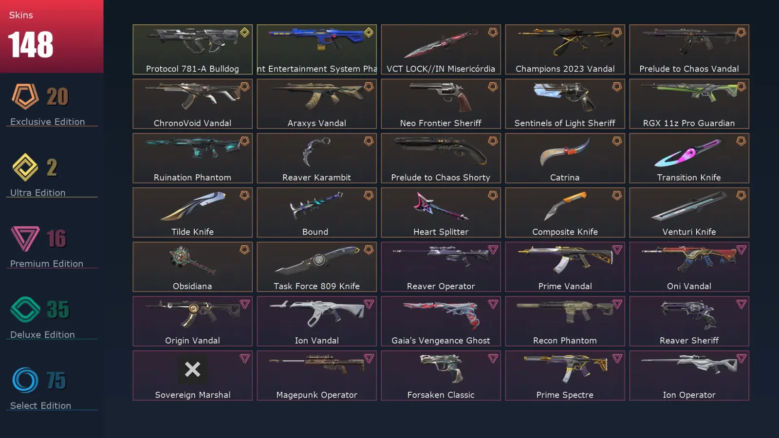 [Valorant] | EU | Level 351 | Platinum 2 | 29 Agents | 148 Skins — Prelude To Chaos Vandal